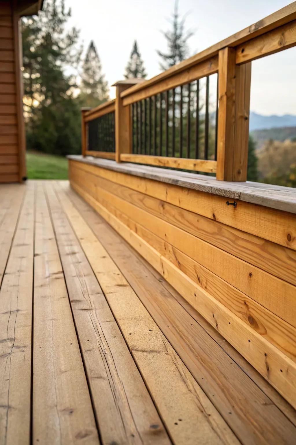 Cedar wood skirting lends a rustic charm to this deck.