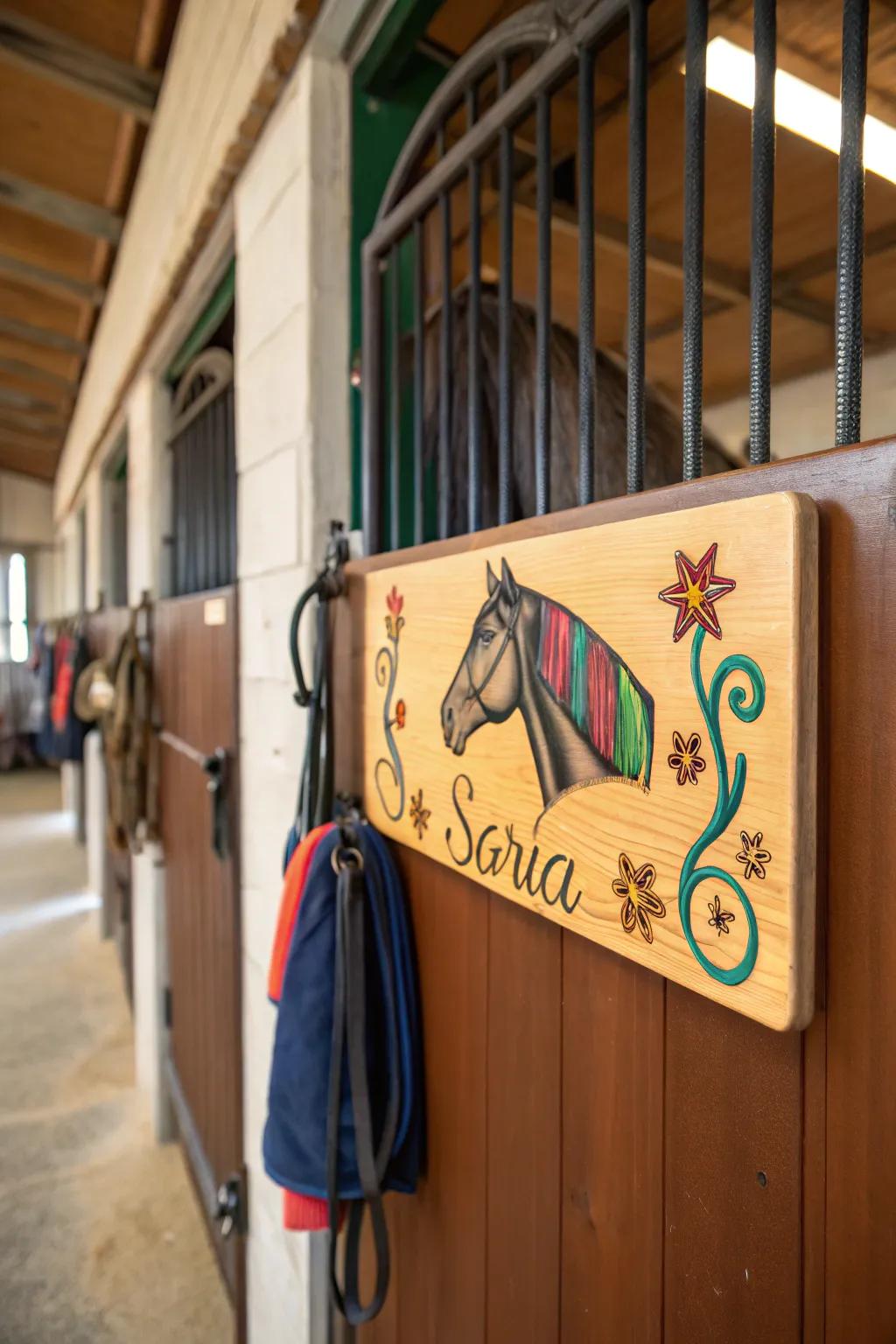 A bespoke timber plaque for a horse stall.