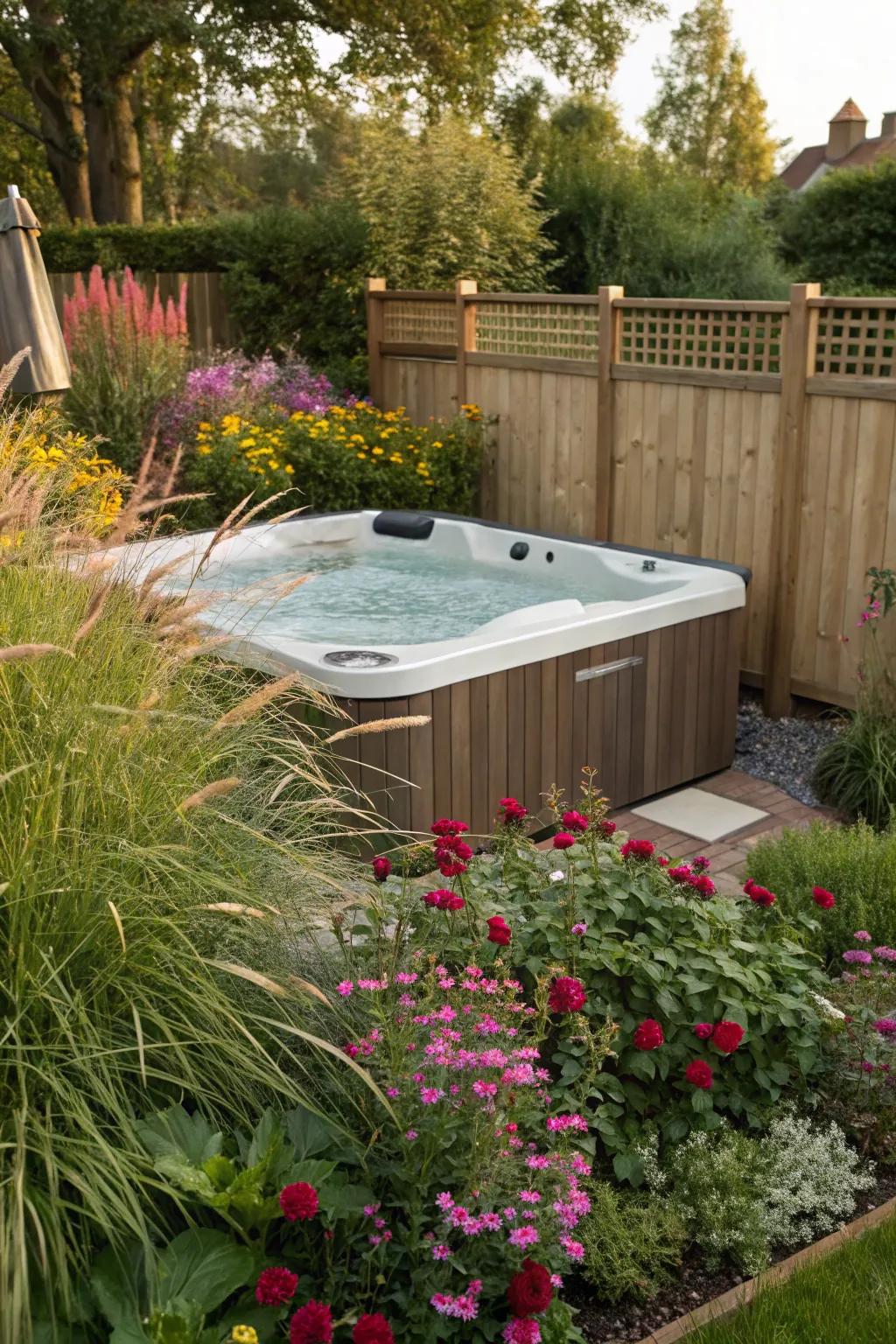 A hot tub surrounded by tall grasses and vibrant flowers, merging with nature.