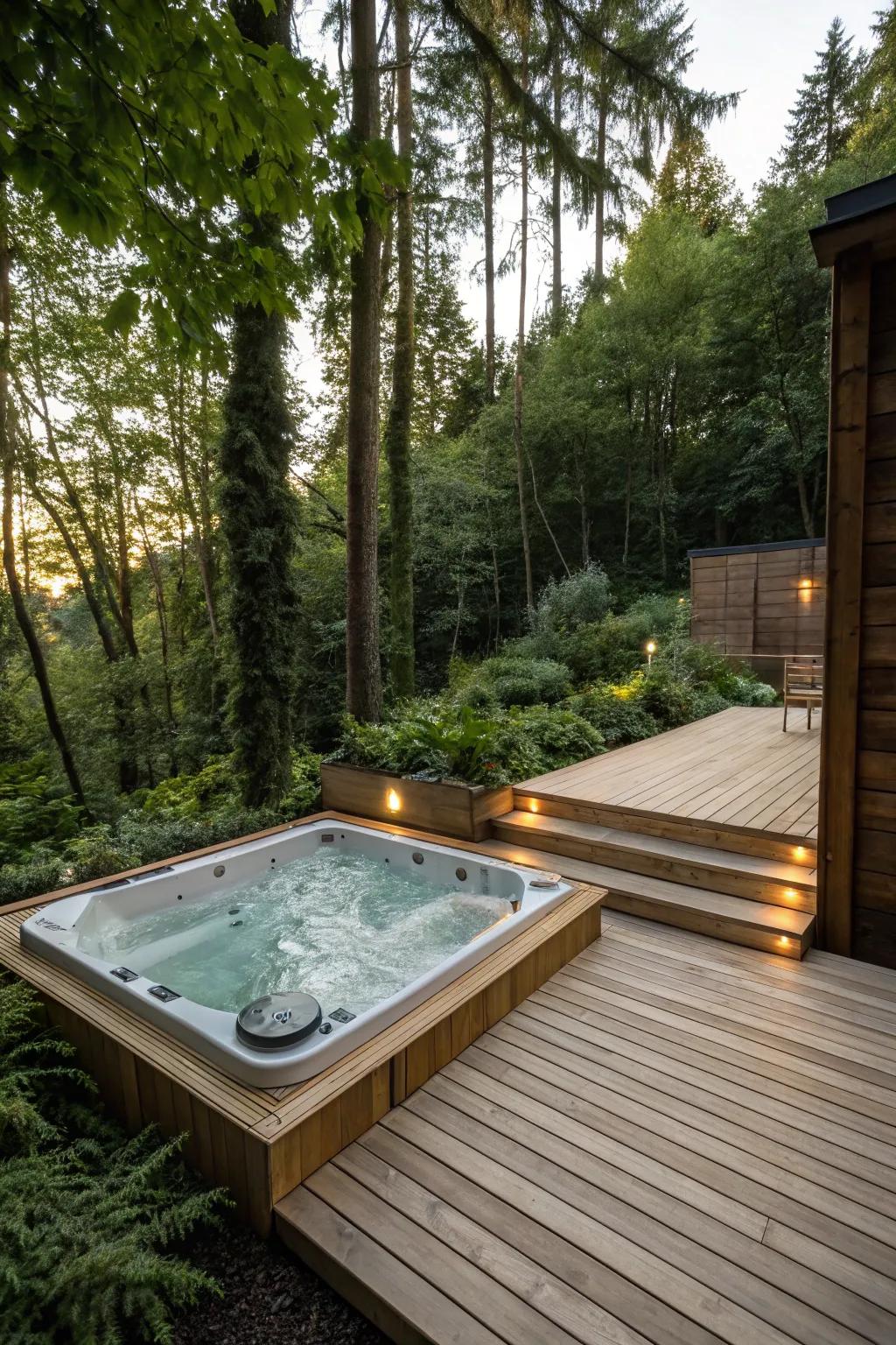 Embrace the inviting comfort of natural wood for a warm hot tub experience.