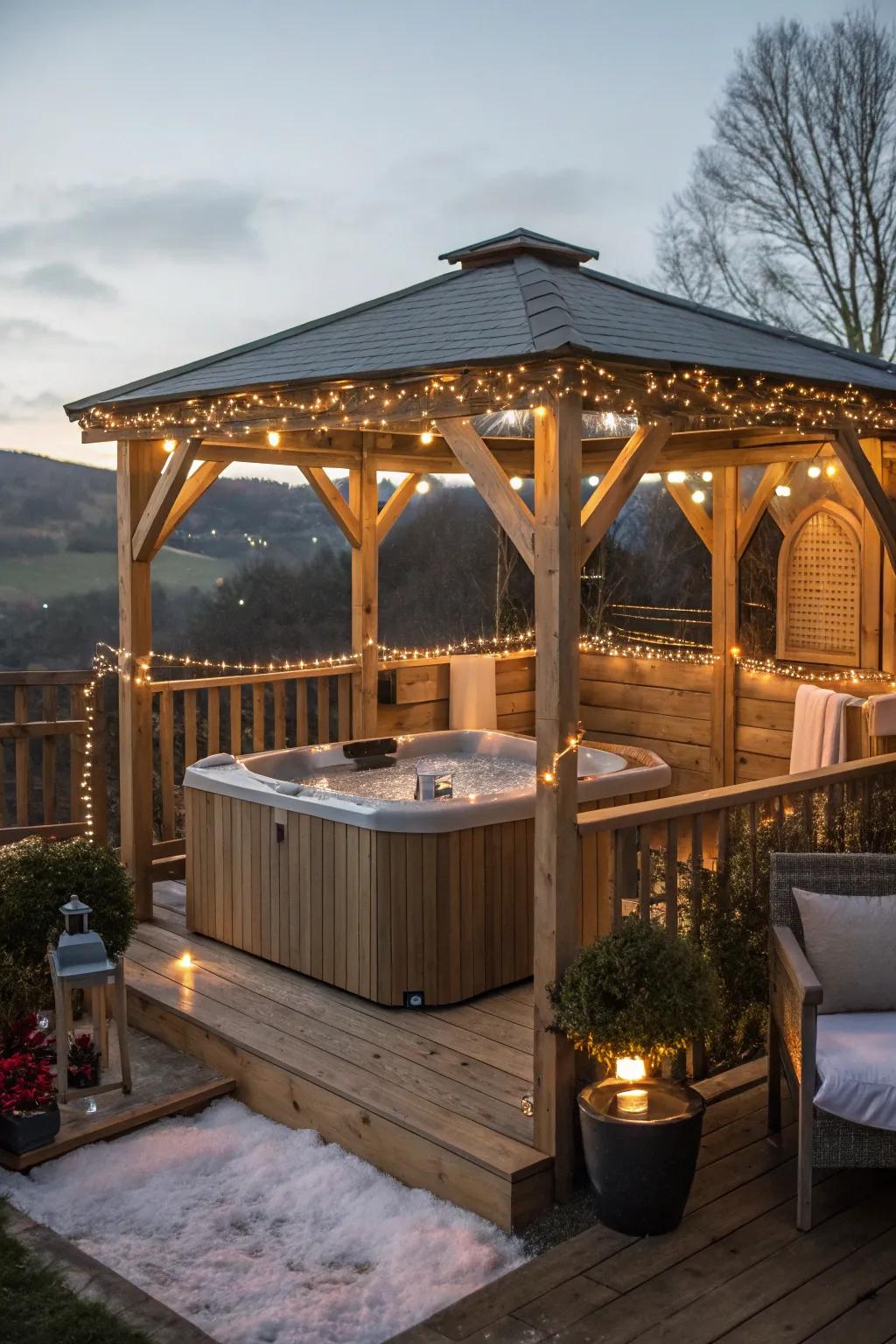 A refined timber shelter adds sophistication and protection to your hot tub.