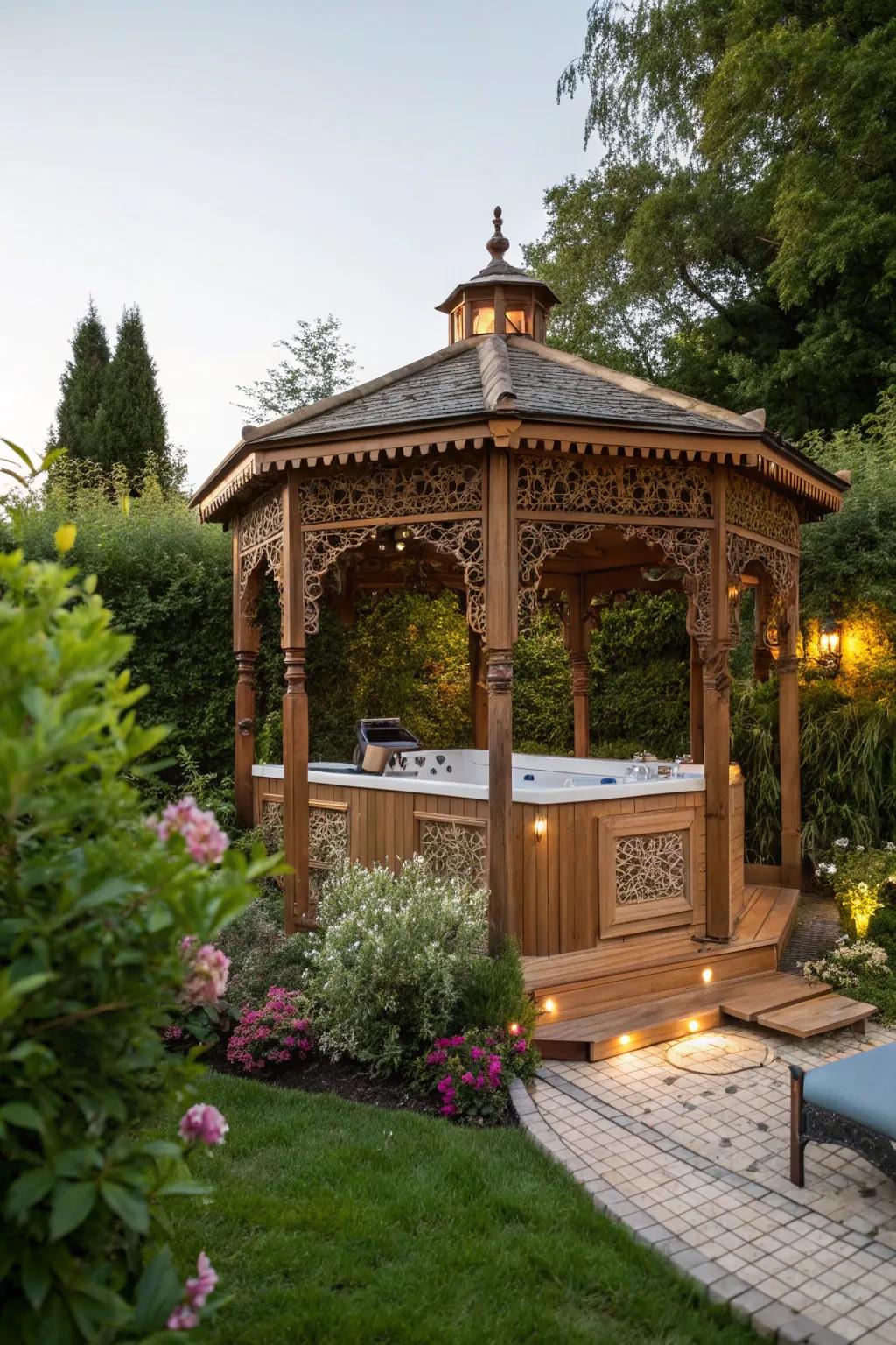 A timber gazebo providing a serene retreat.