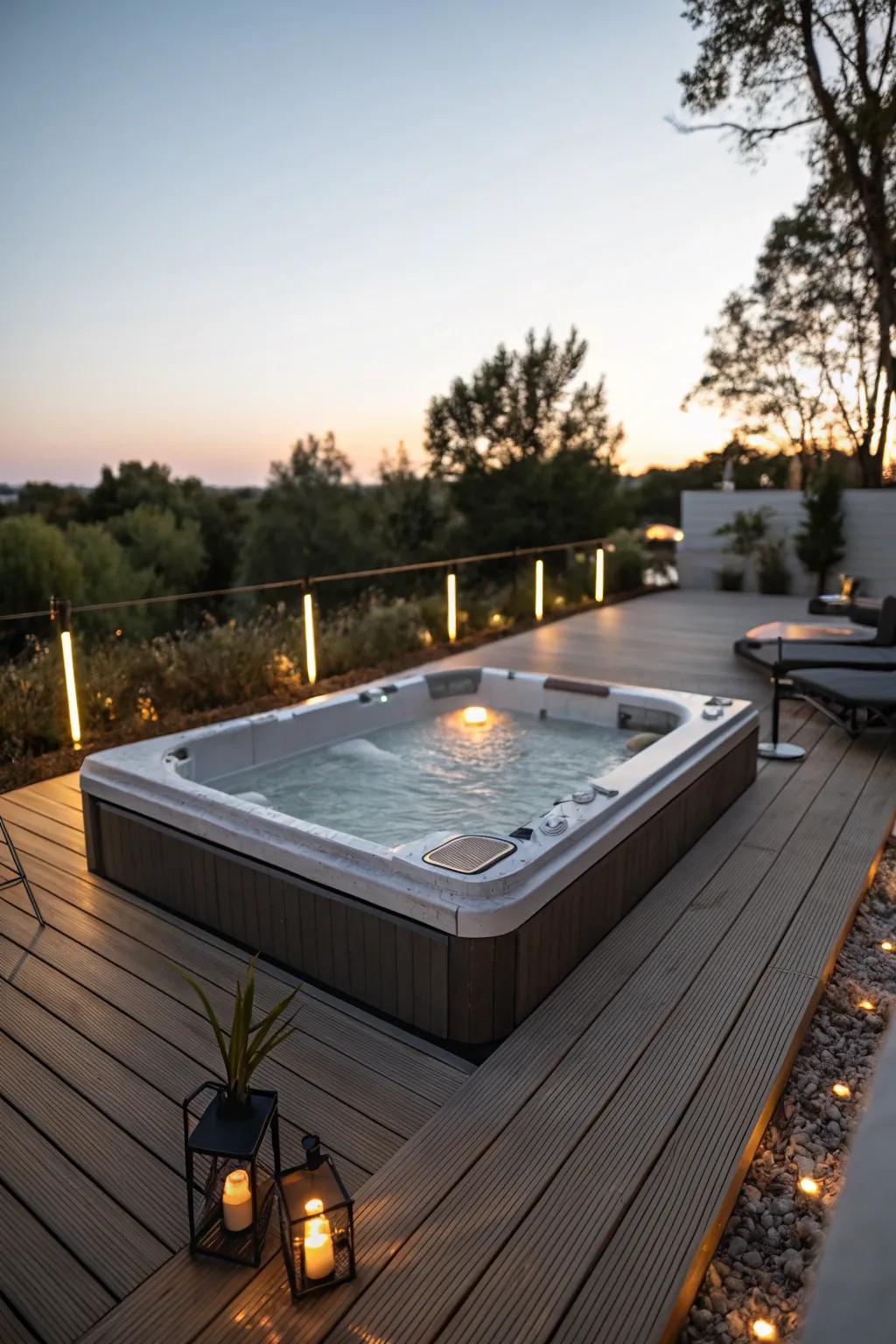 Timber decking elevates the spa area, fostering a snug and welcoming atmosphere.