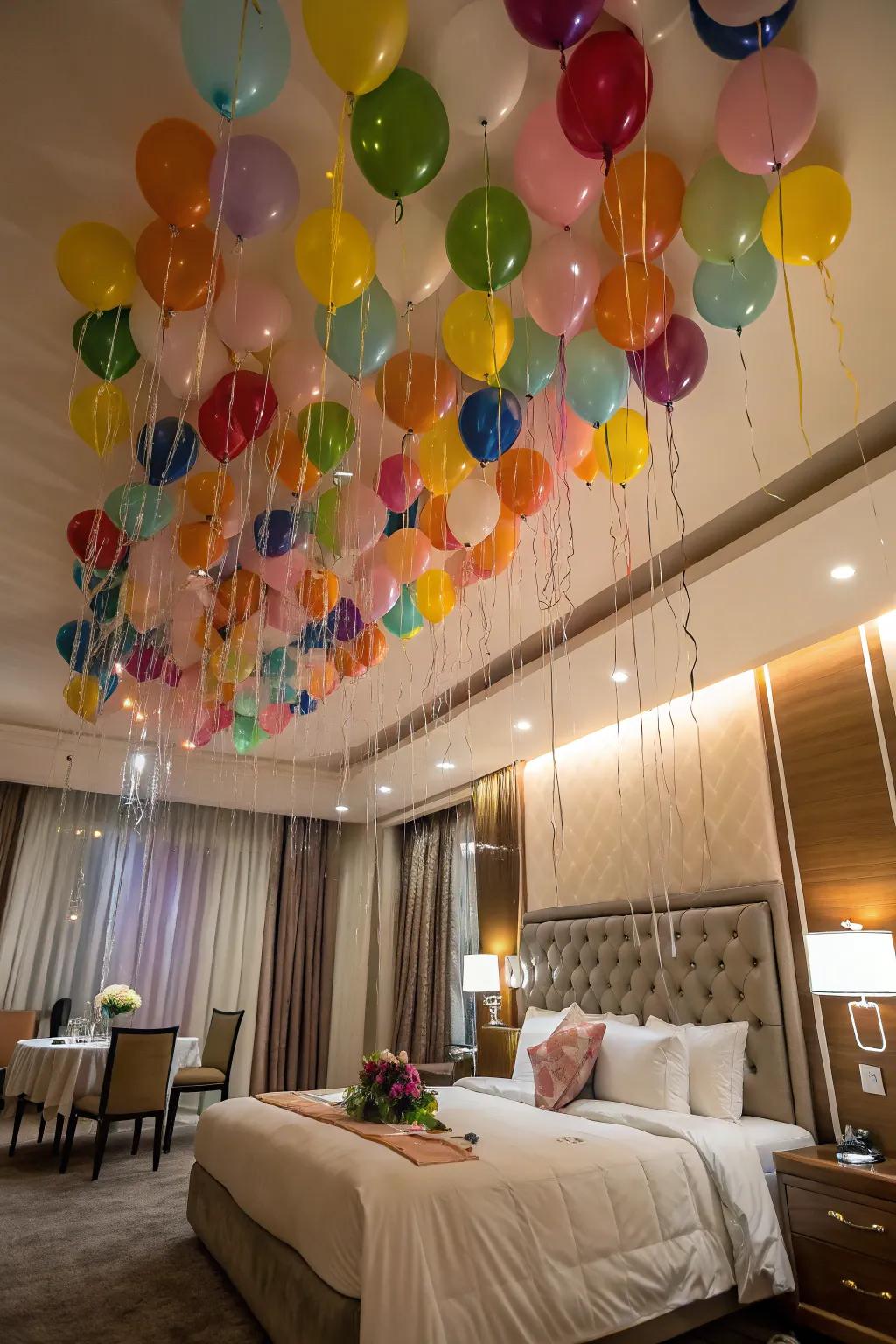 Awaken to a fantastical ceiling of drifting balloons.