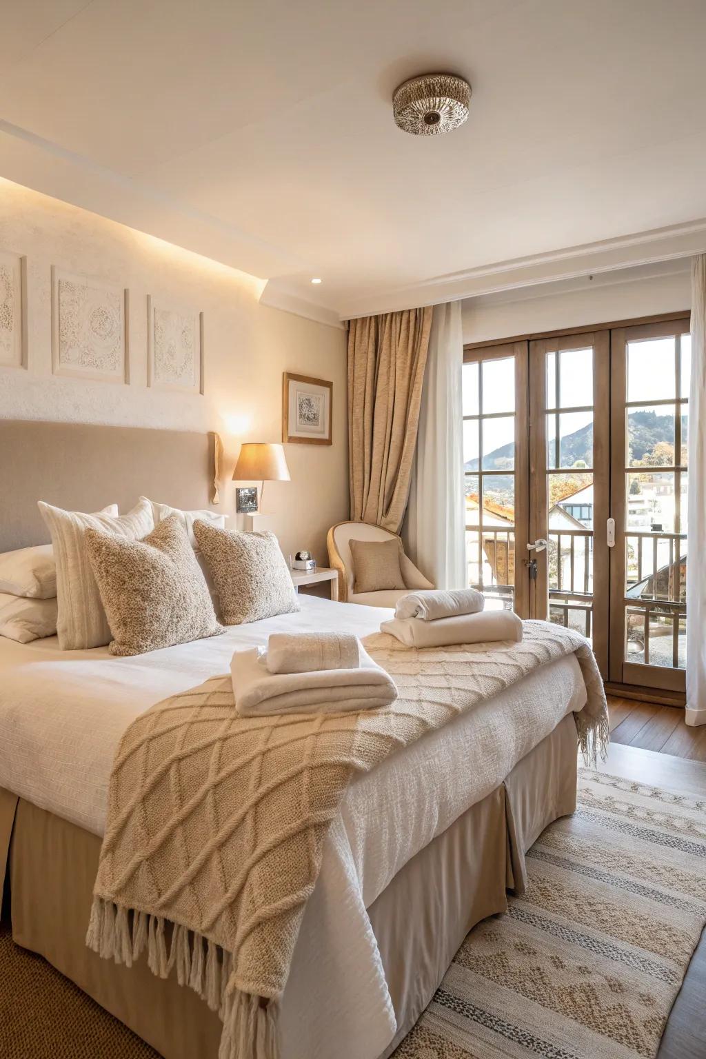 A peaceful, neutral color palette has the power to morph any hotel room into a tranquil getaway.