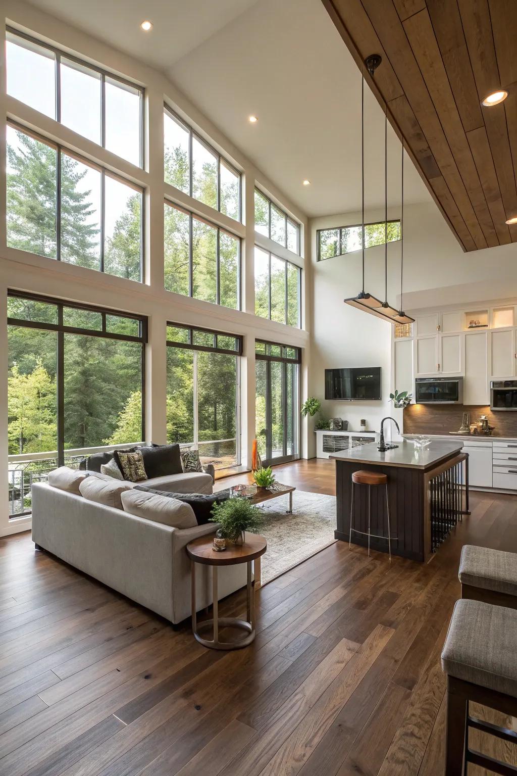 A beautifully crafted open-concept living space that harmoniously blends the kitchen and living areas.