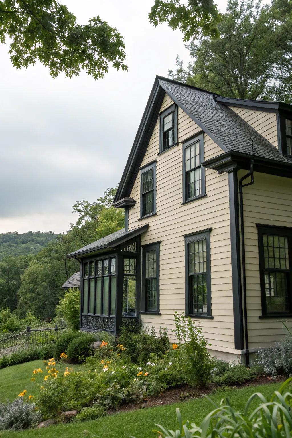 Bold dark window trim adds character to this charming home.