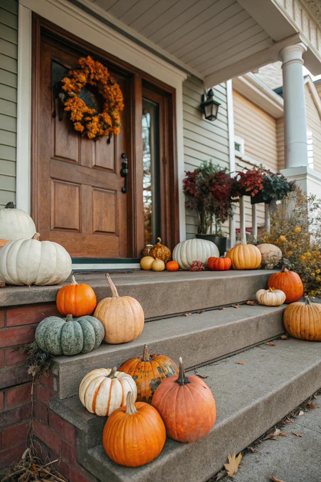 A delightful gourd display on a front porch