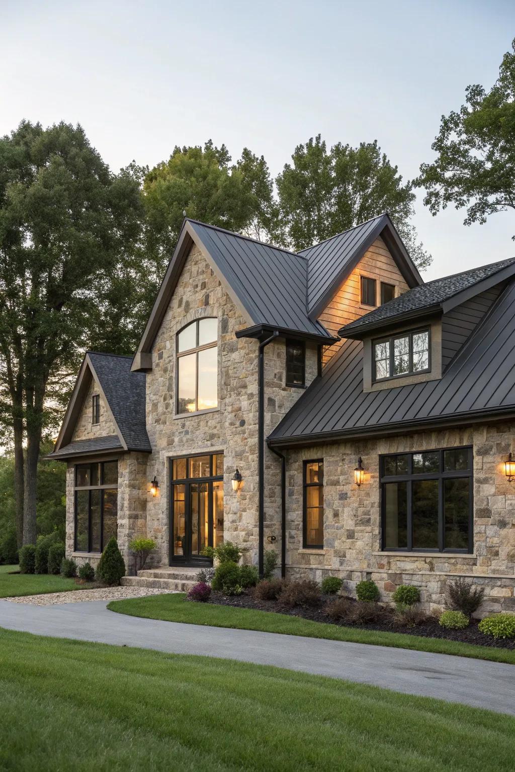 A residence showcasing an elegant rock frontage.