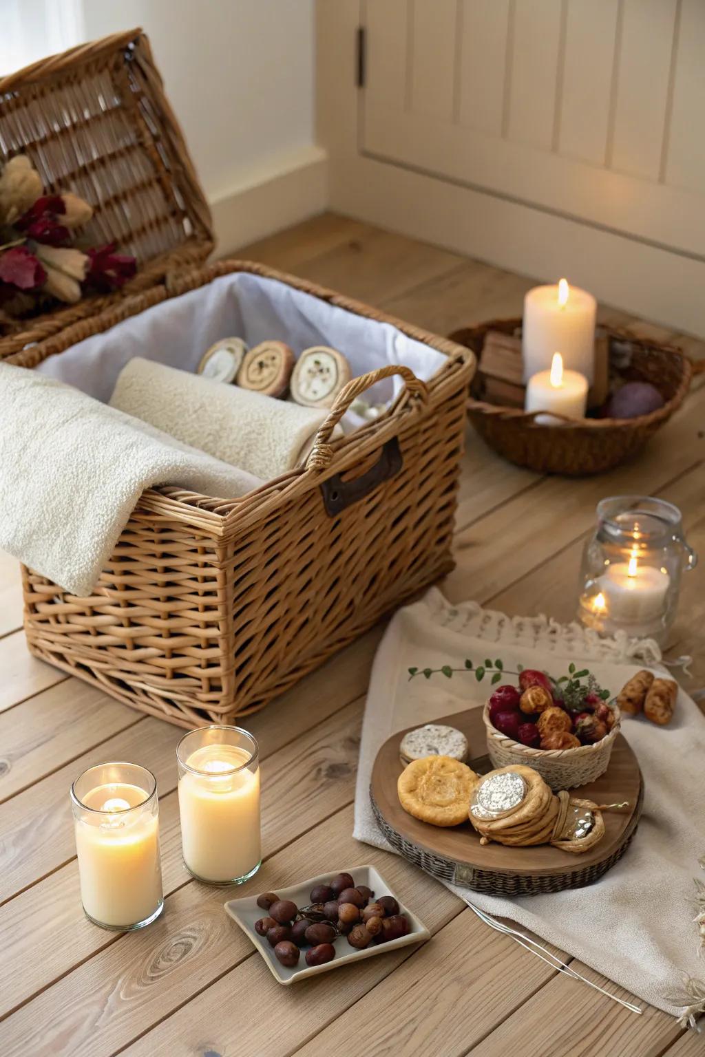 A cozy gift basket offering comfort and warmth for a new house.