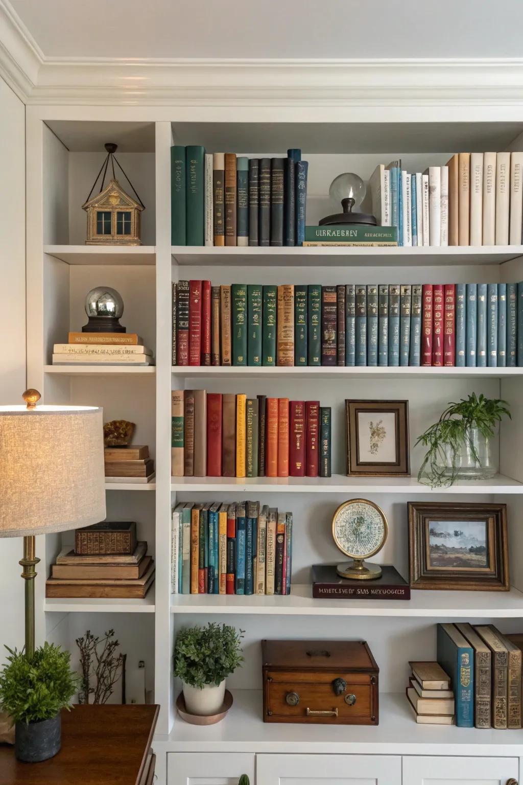 Symmetrical and asymmetrical arrangements on a bookshelf.