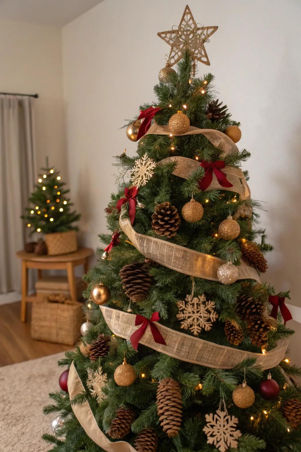 A rustic Christmas tree showcasing natural touches like pinecones and burlap.