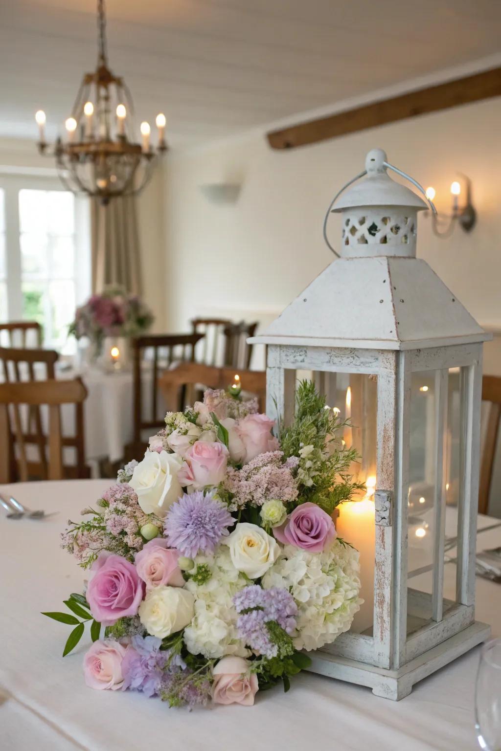 A charming centerpiece, a spring-inspired lantern with flowers in soft hues.