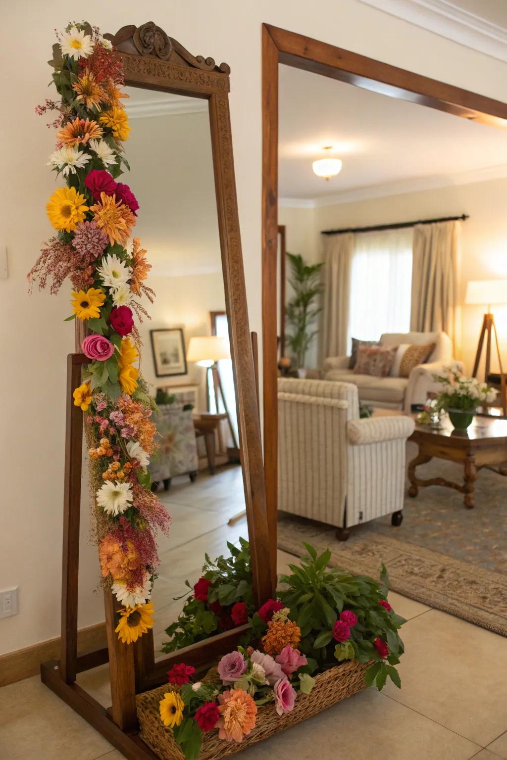 A mirror framed by flowers establishes a revitalizing, energetic mood.