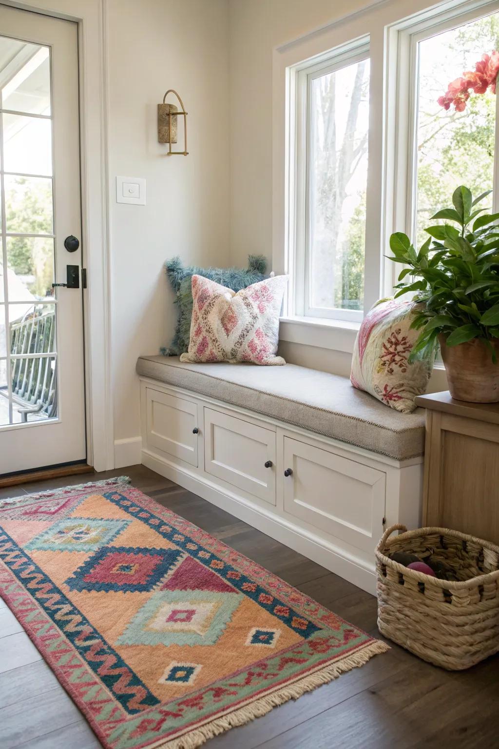 A comfortable seating area in the entryway with a small bench and plush cushions.