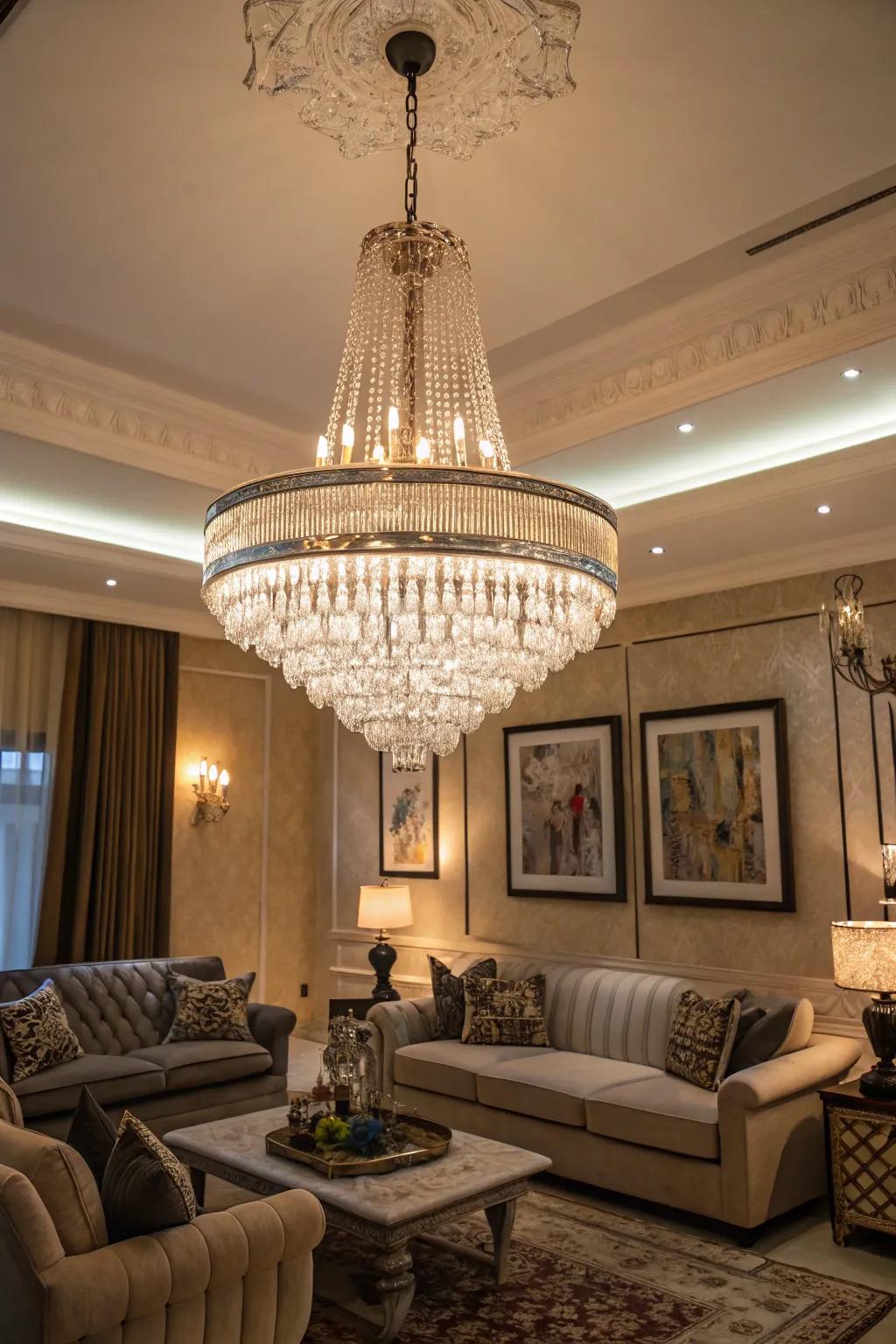 An exquisite living room showcased with an eye-catching statement chandelier.