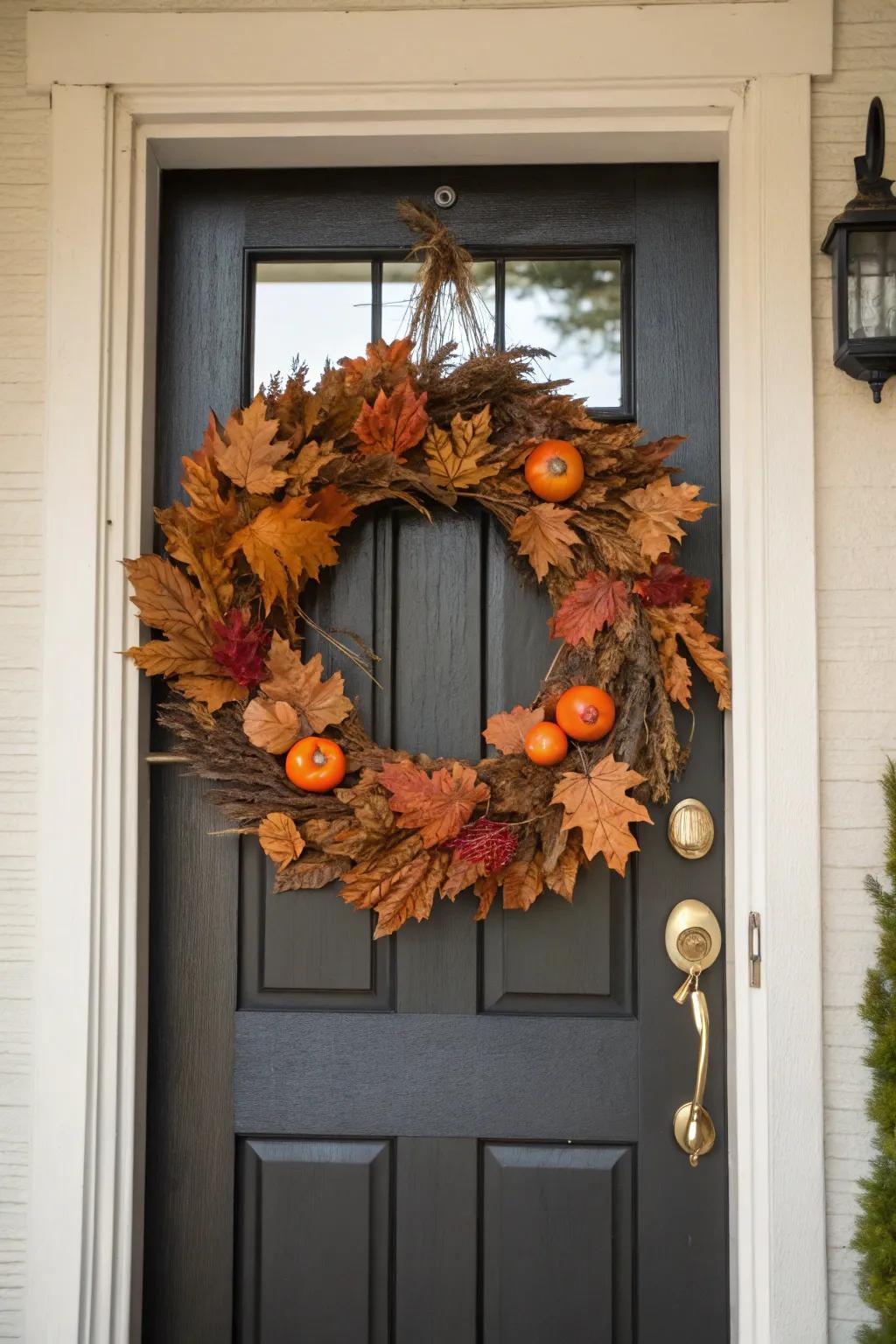 A welcoming fall wreath adorns a front door.