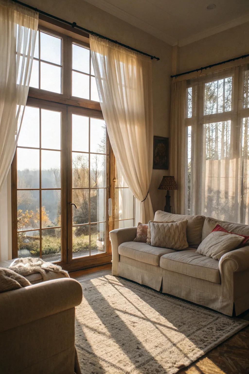 Bright living area featuring light curtains to maximize natural light.