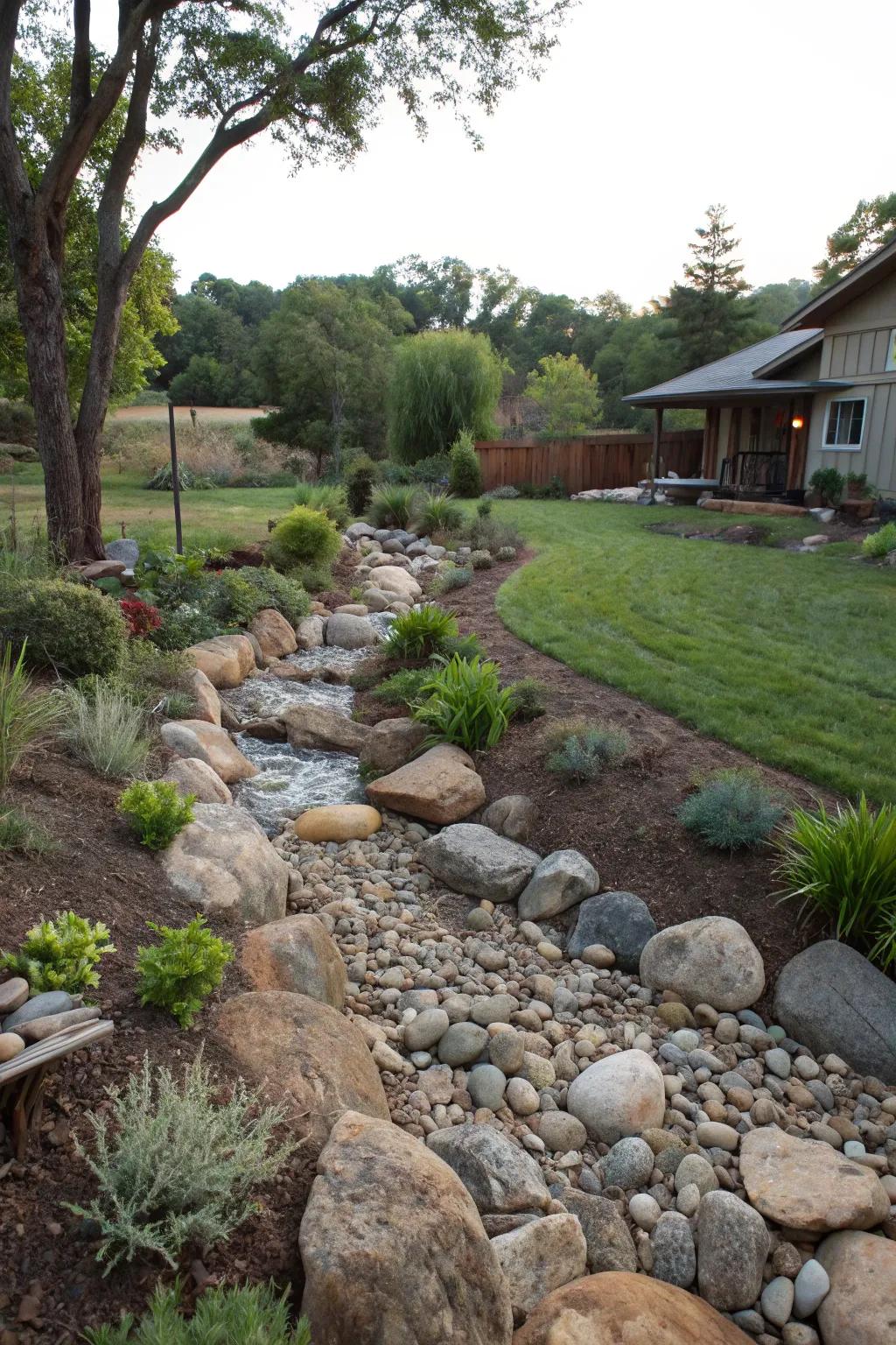 A simulated creek elegantly channels water away from your house.