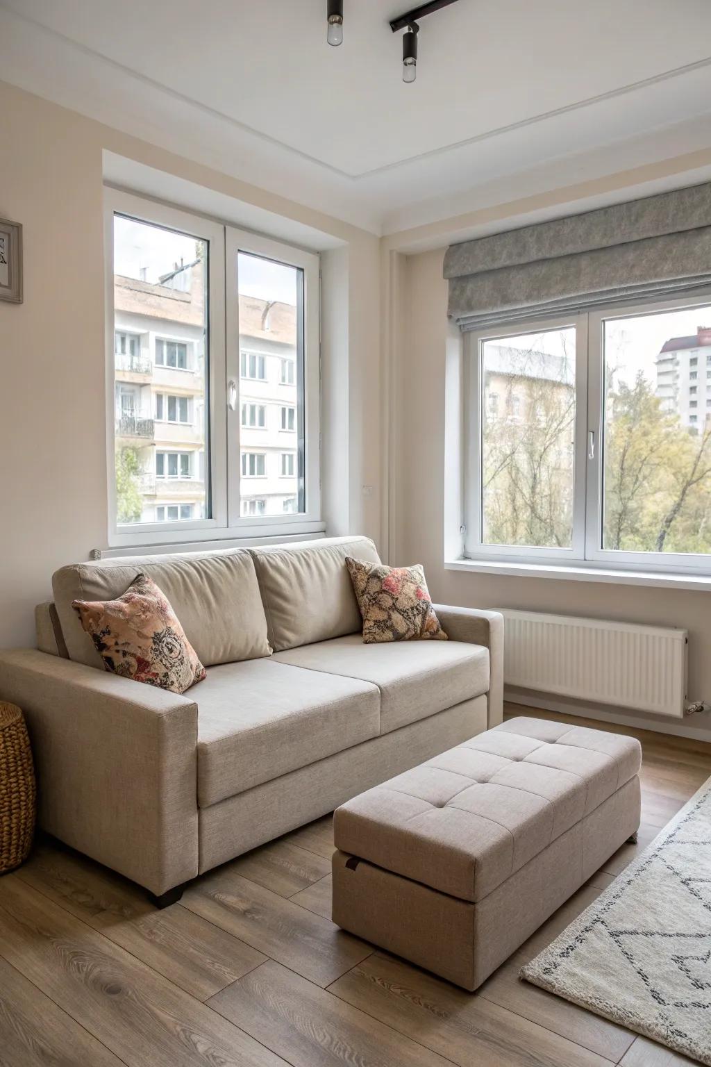 A modern living room featuring multi-functional furniture that optimizes the space.