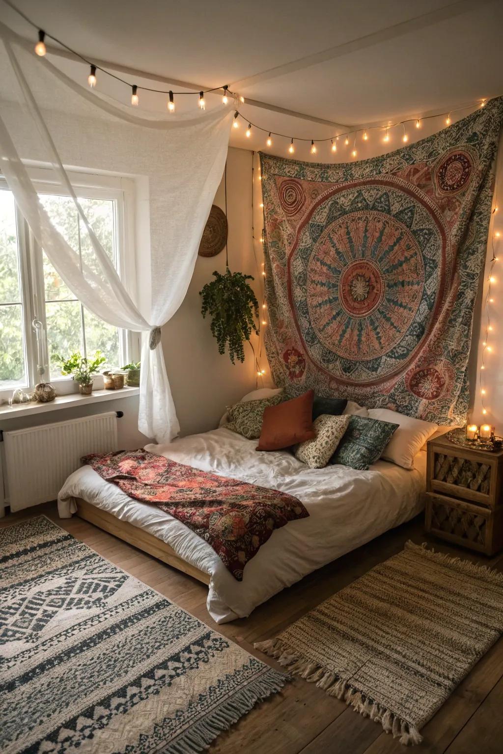 Positioning a <strong><em>tapestry</em></strong> as a headboard adds charm and coziness to the bedroom.&rdquo; loading=&rdquo;lazy&rdquo; class=&rdquo;pimg&rdquo;>
	</picture><figcaption>Positioning a <strong><em>tapestry</em></strong> as a headboard adds charm and coziness to the bedroom.</figcaption></figure>
<p>Think about placing a <strong><em>tapestry</em></strong> just above your bed; it works wonders as a one-of-a-kind headboard. In my own sleeping quarters, the <strong><em>tapestry</em></strong> introduces a vibrant burst of color and instantly captures attention, turning the bed into a stunning centerpiece.</p>
<h3>Check if these fit your needs:</h3>
<ul class=