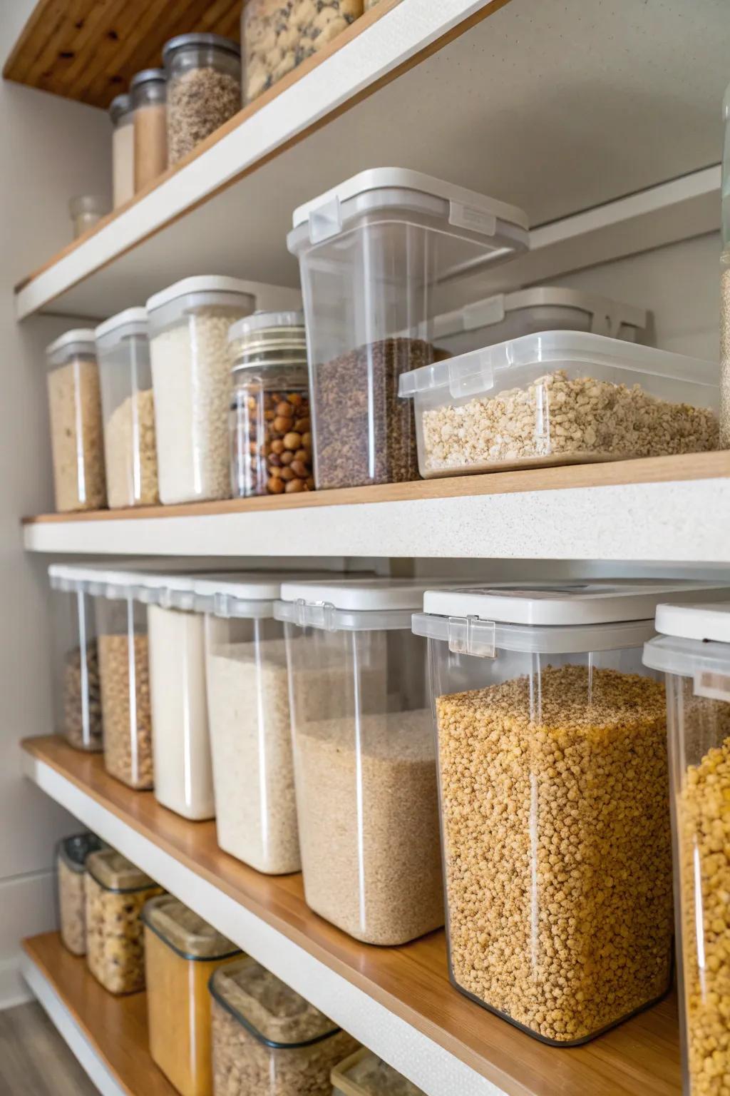 See-through holders show off pantry must-haves such as grains and breakfast cereals.