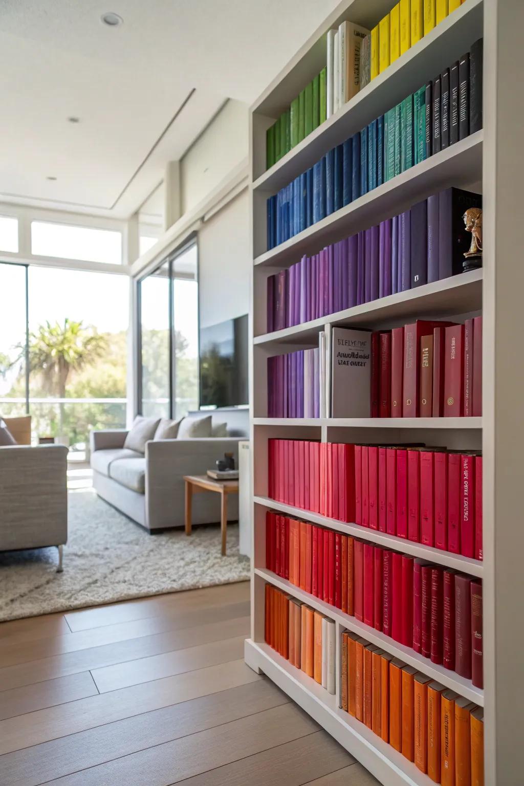 A spectrum of books infuses life into a contemporary living area