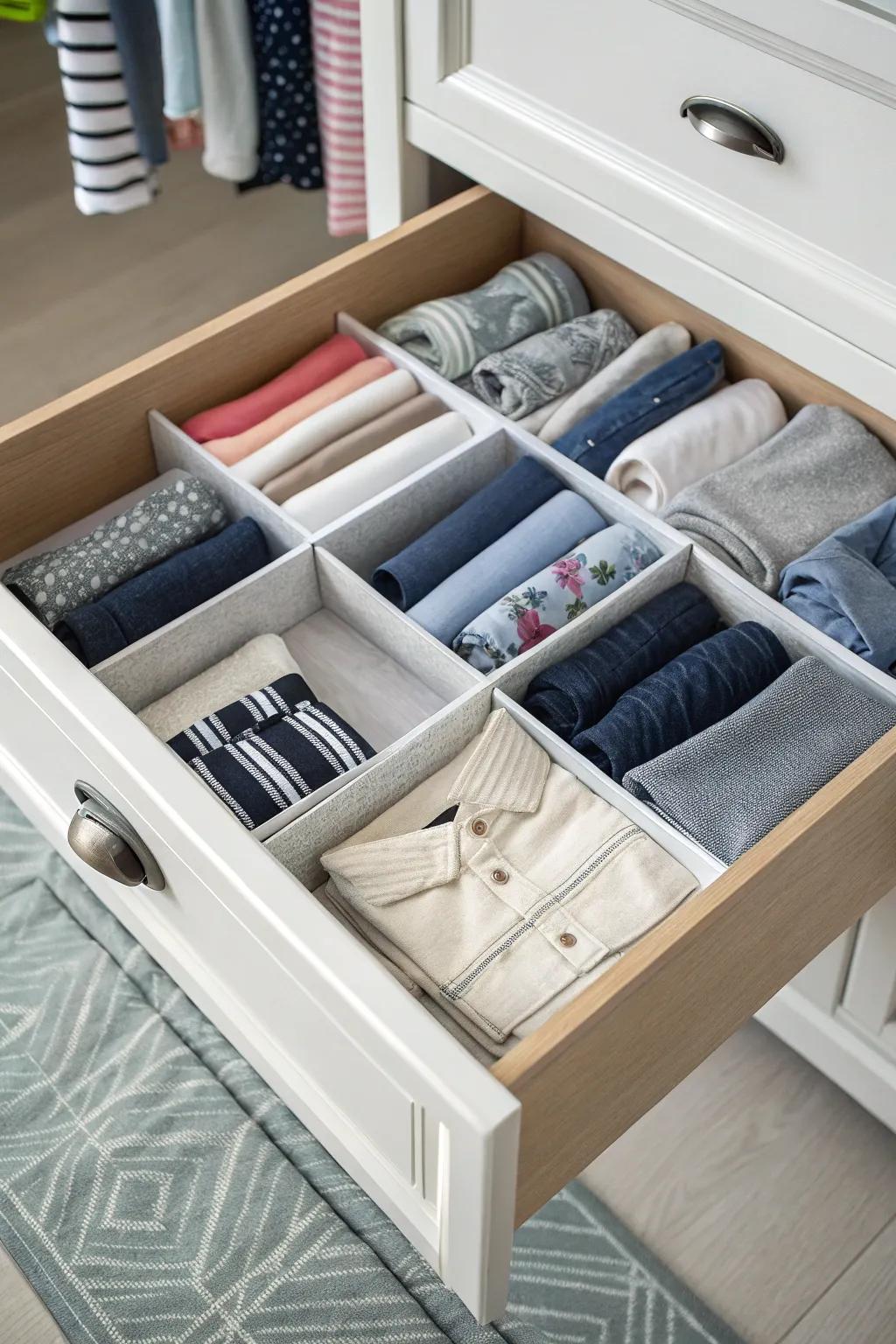 Drawer dividers keeping clothing items neatly separated and organized.