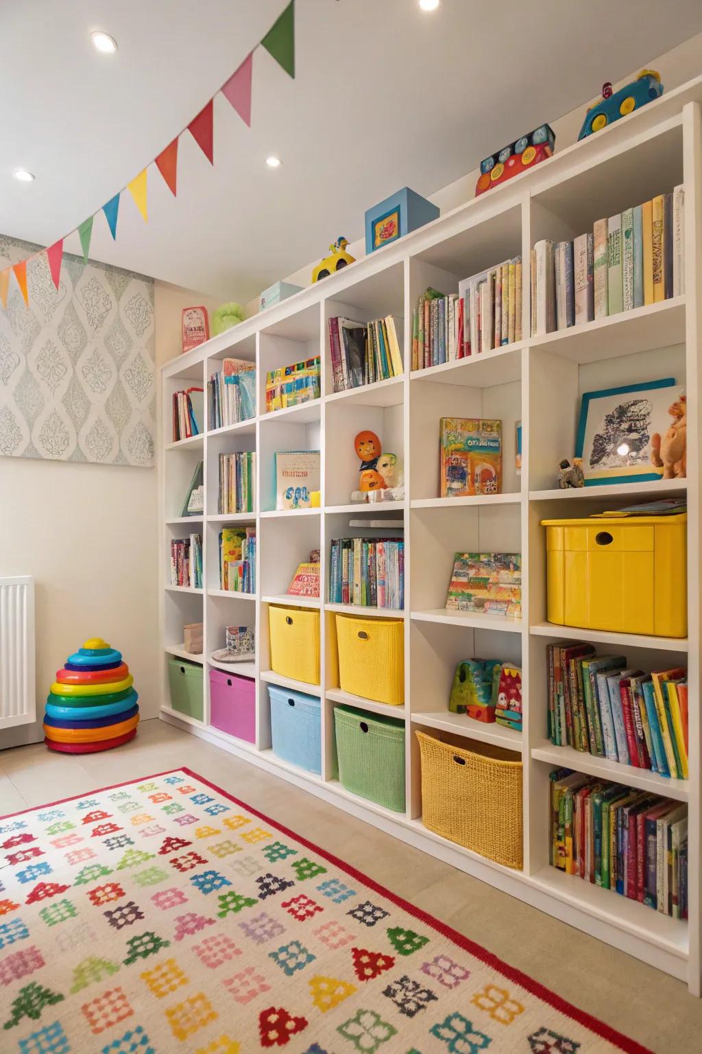 Tall shelves utilize vertical space efficiently in a child's room.
