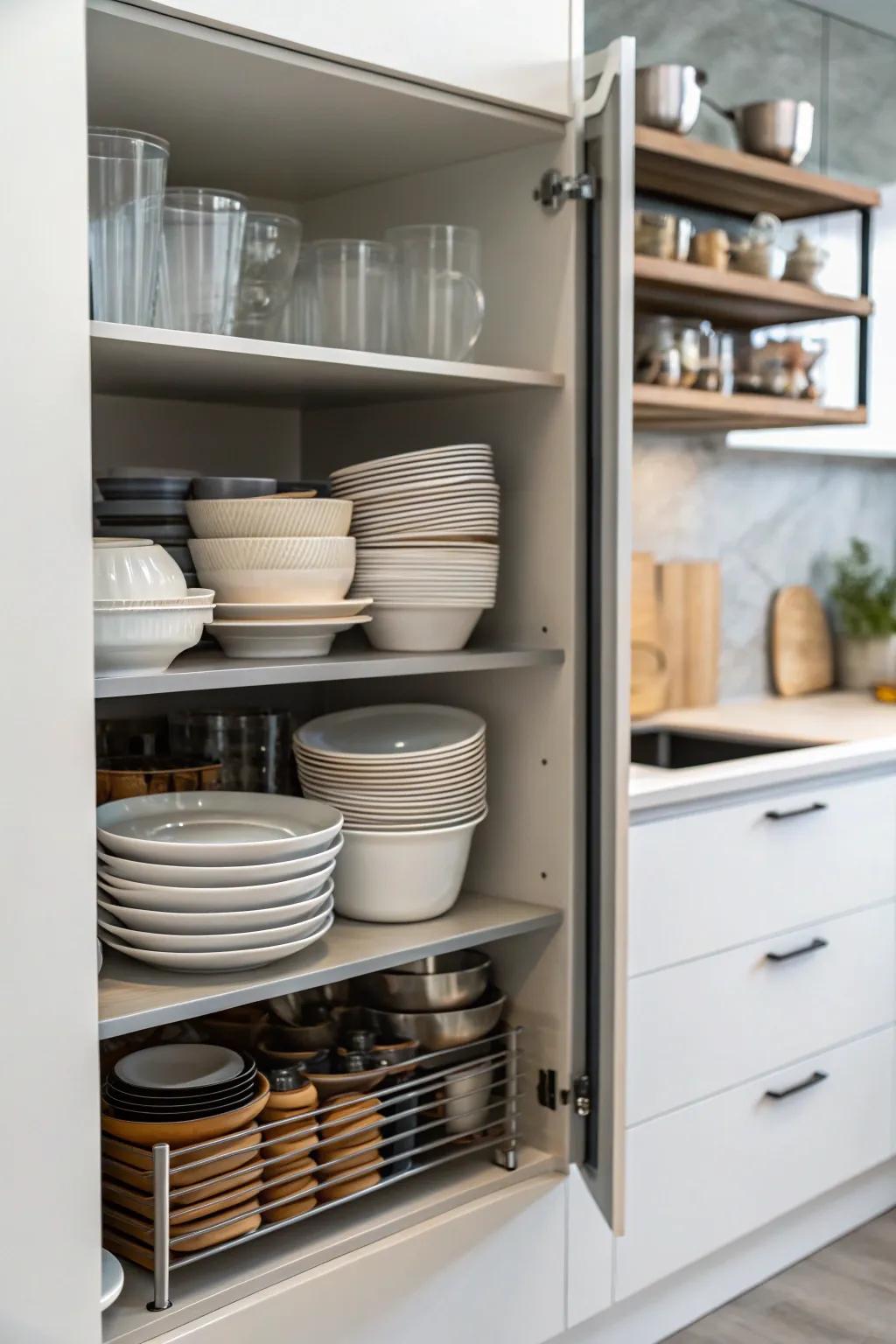 The placement of shelves above transforms your kitchen cabinets into organizational wonders.