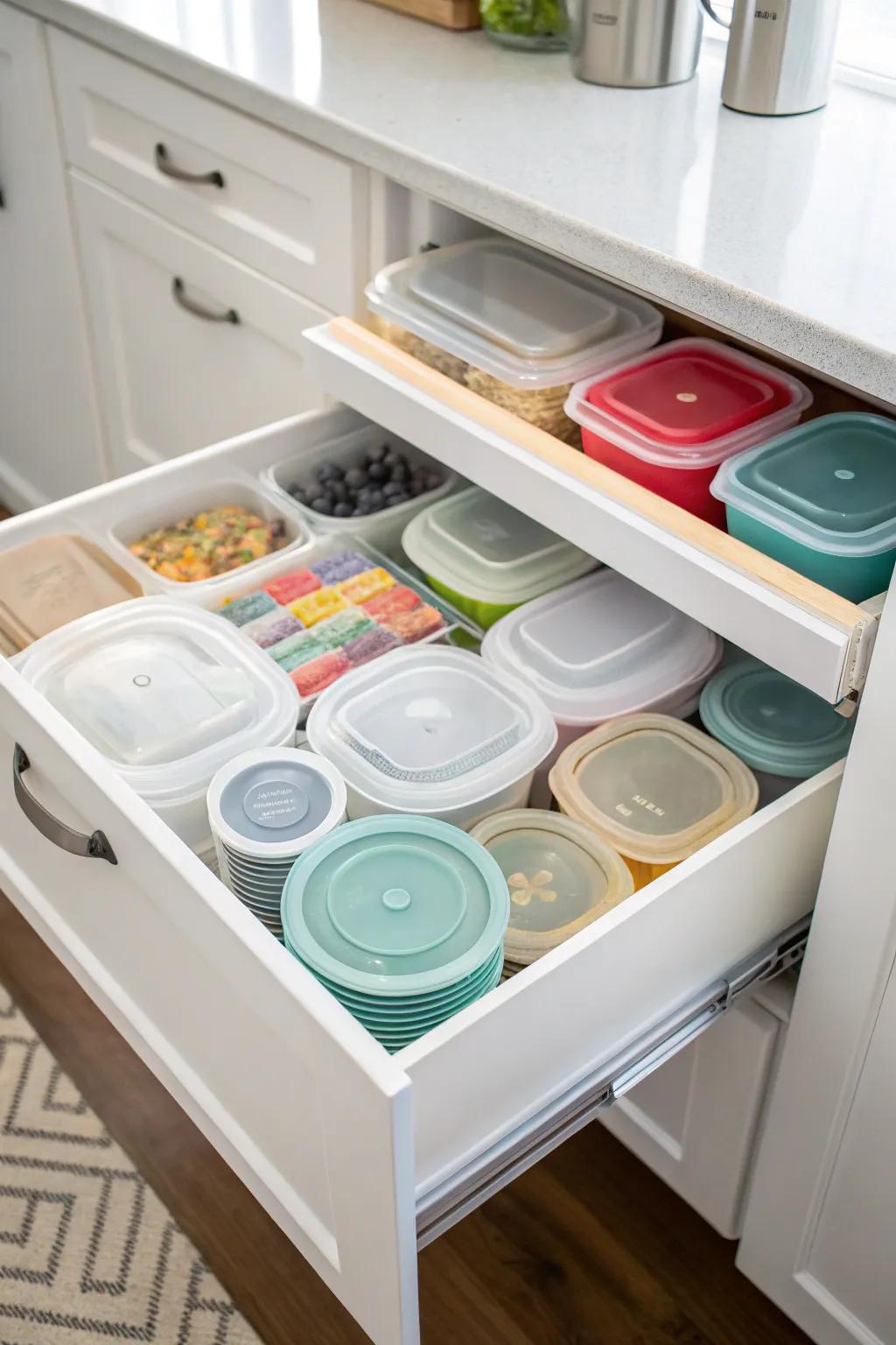 A kitchen drawer where plastic containers and lids are neatly stacked.