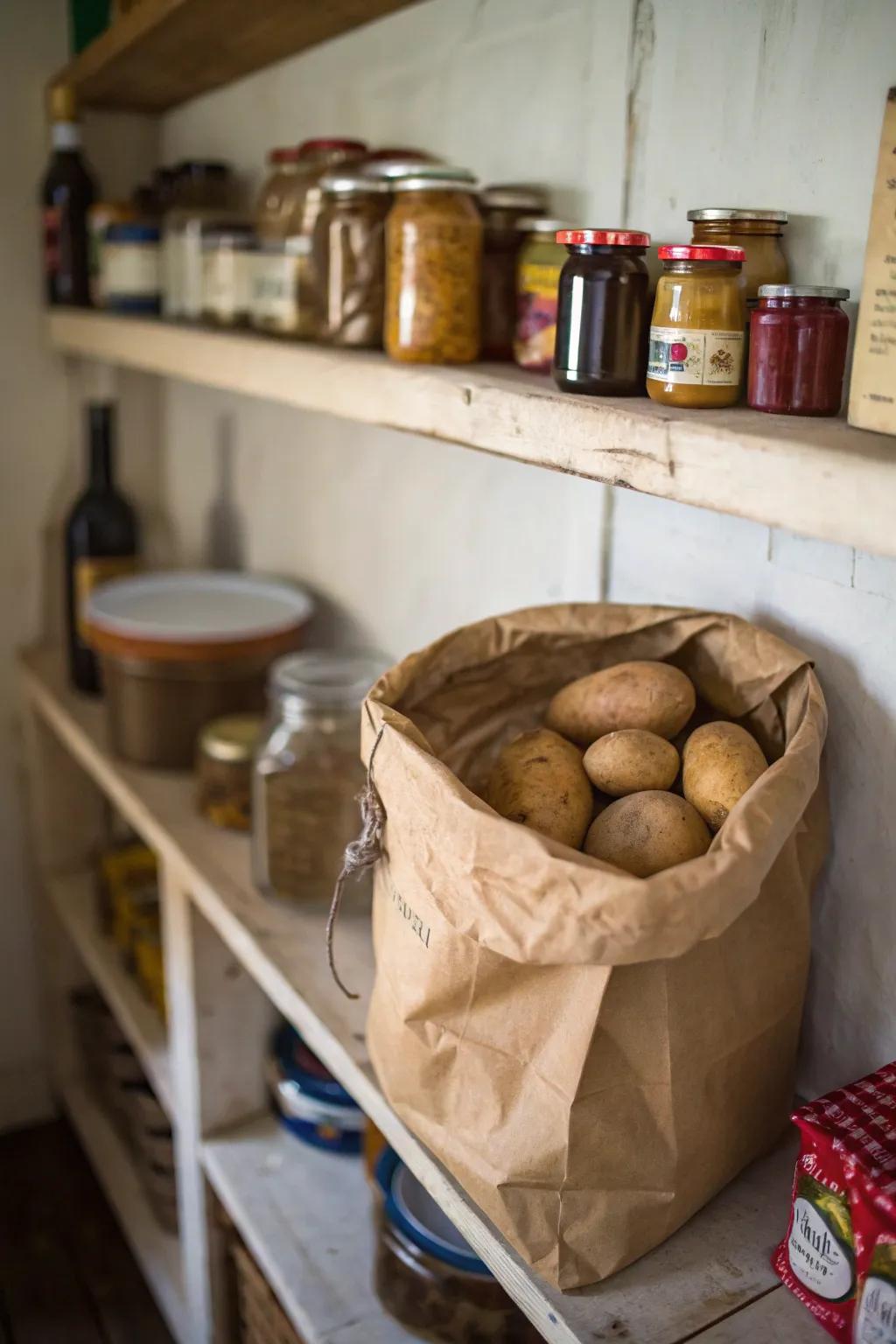 Timeless pantry arrangement with spuds in a warm, inviting setting.