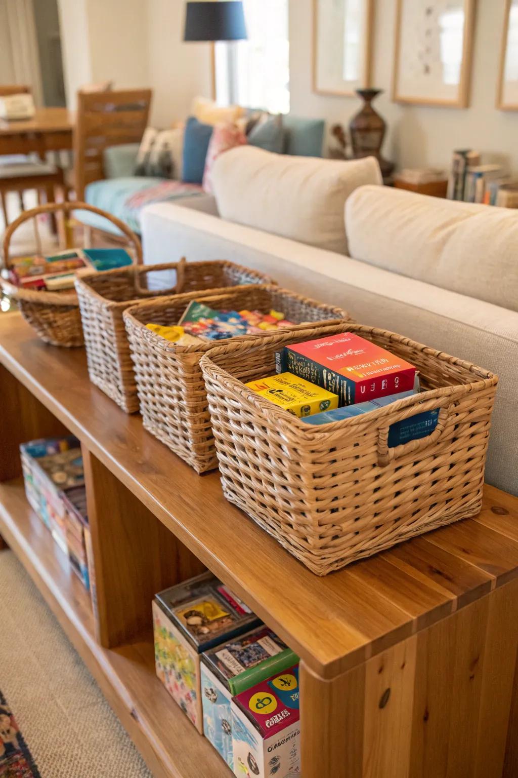 Wicker baskets arranging puzzles with finesse on a shelf.