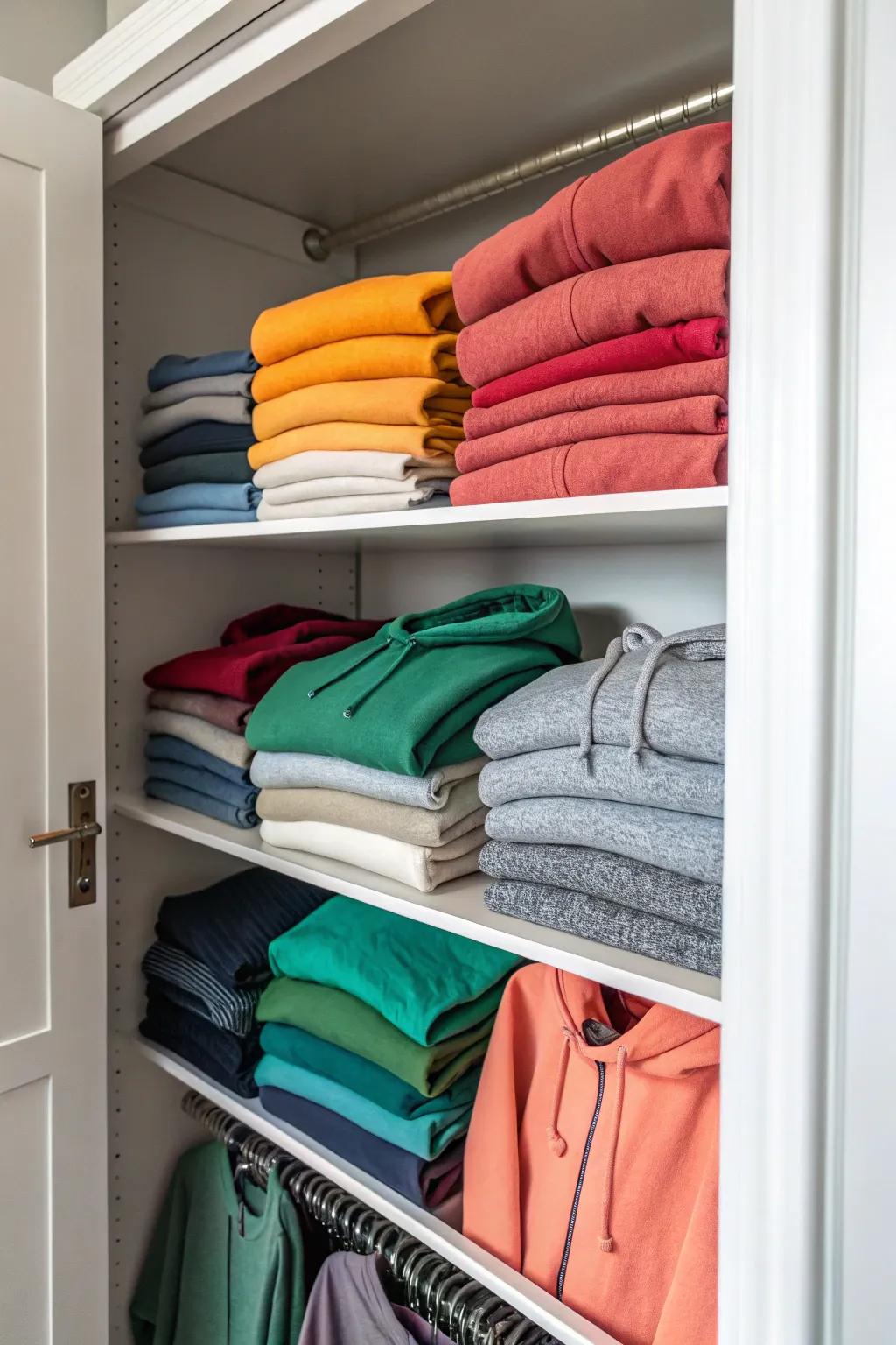 Neatly stack sweatshirts on adjustable shelves for a tidy look.