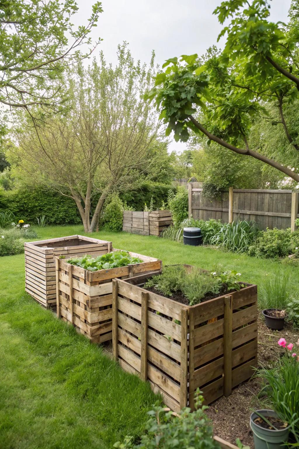 An outdoor composting area featuring three timber bins, perfect for managing the different phases of compost.