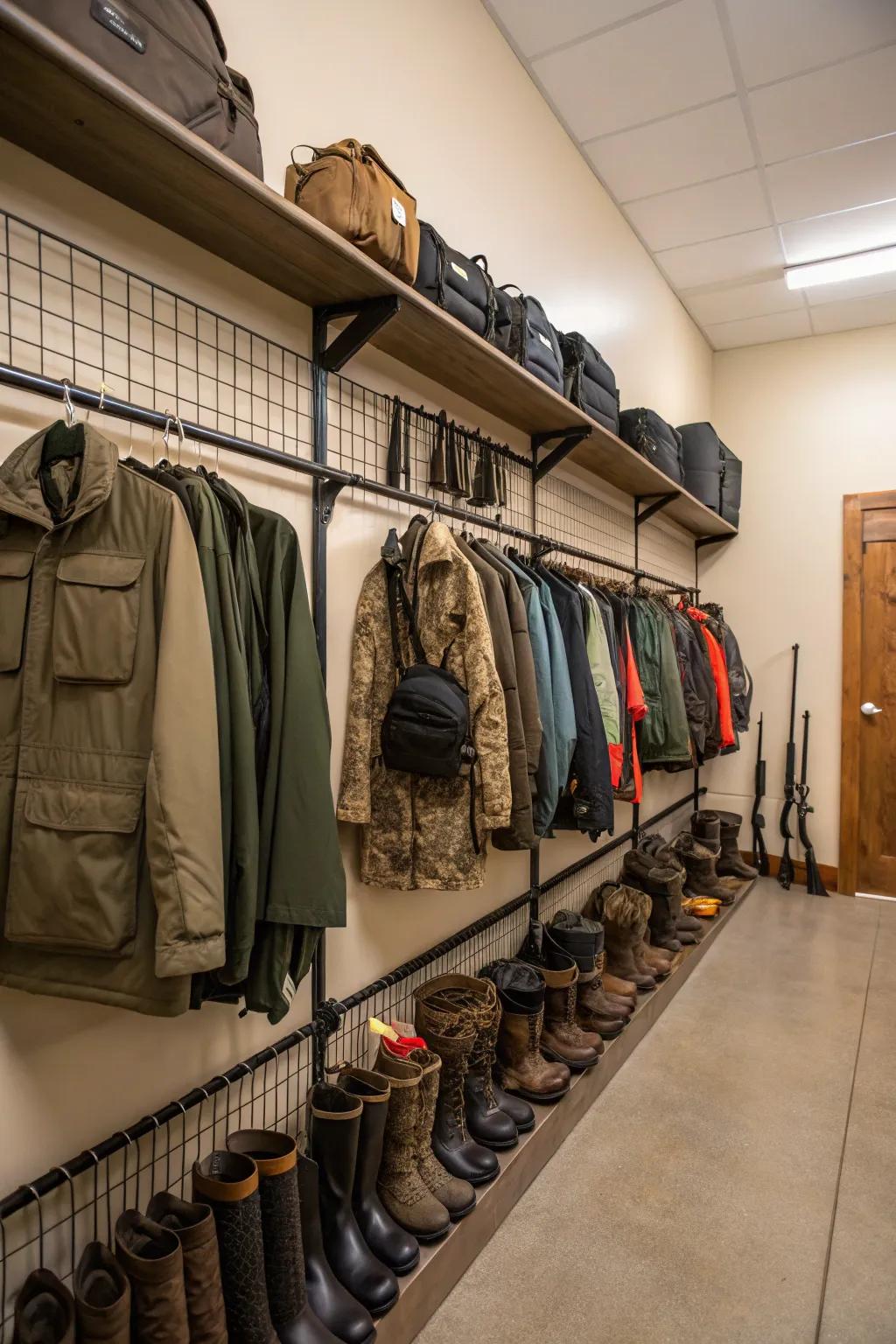 Hanging racks make hunting gear easily accessible and organized.