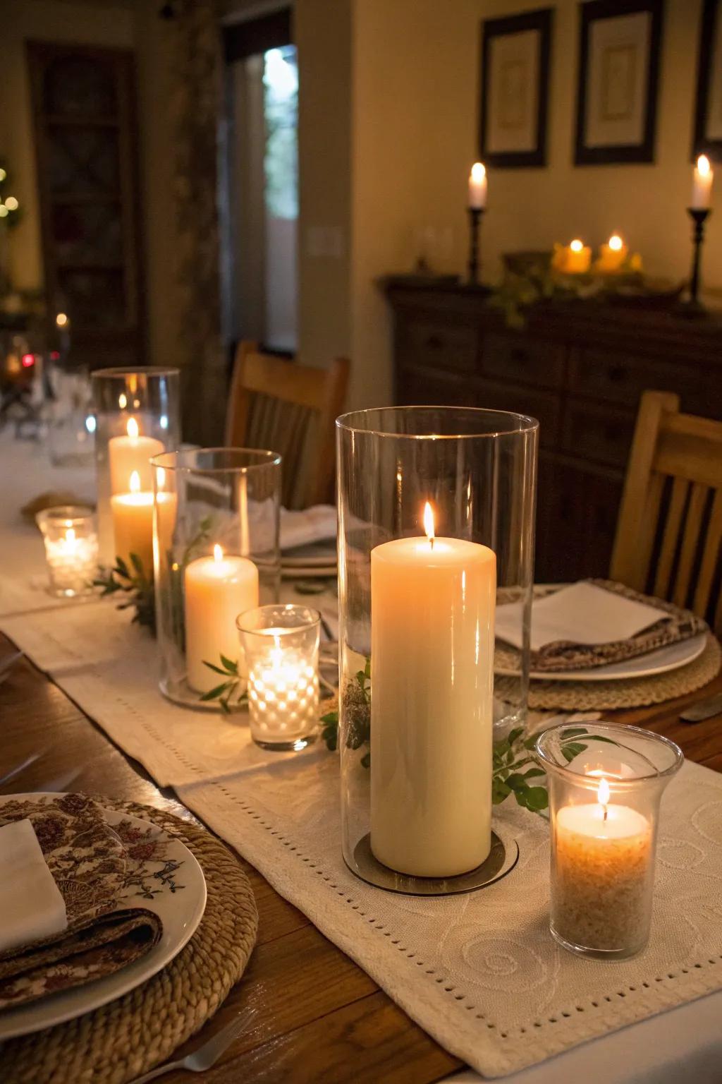 Pillar candles in hurricane vases add a warm glow to any dining table.