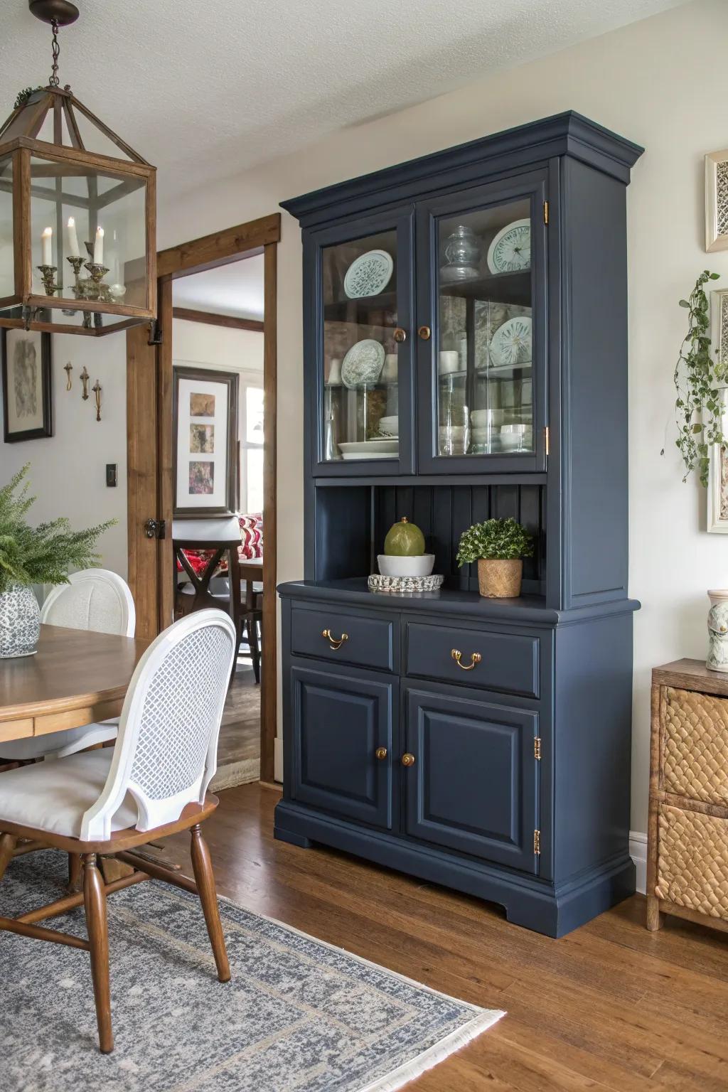 A daring navy hutch redefines the dining space with its confident presence.