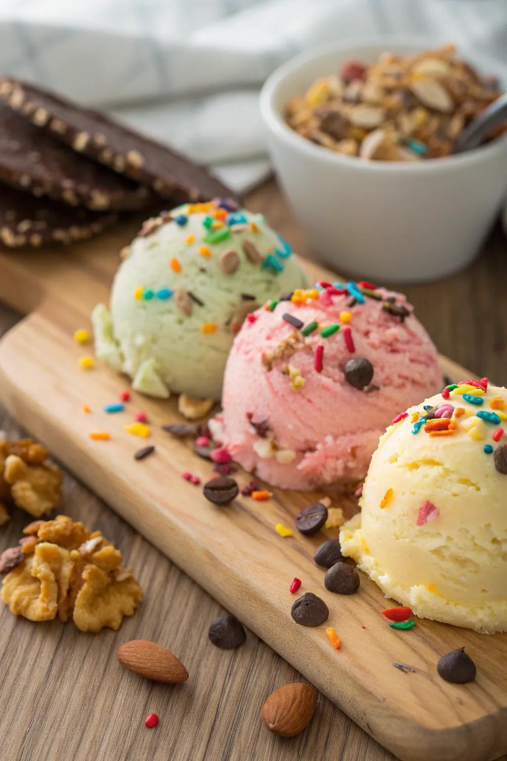 Ice cream lavishly adorned with a variety of brightly colored toppings.