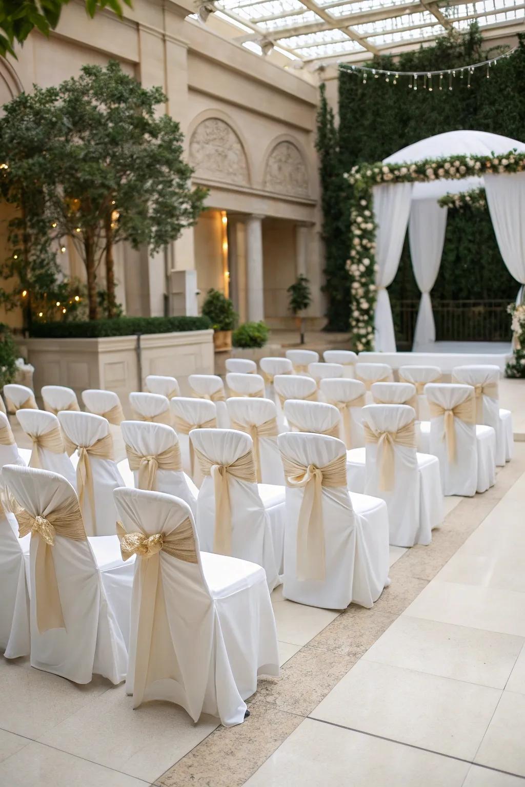 Classic elegance showcased with white chair covers and bows.