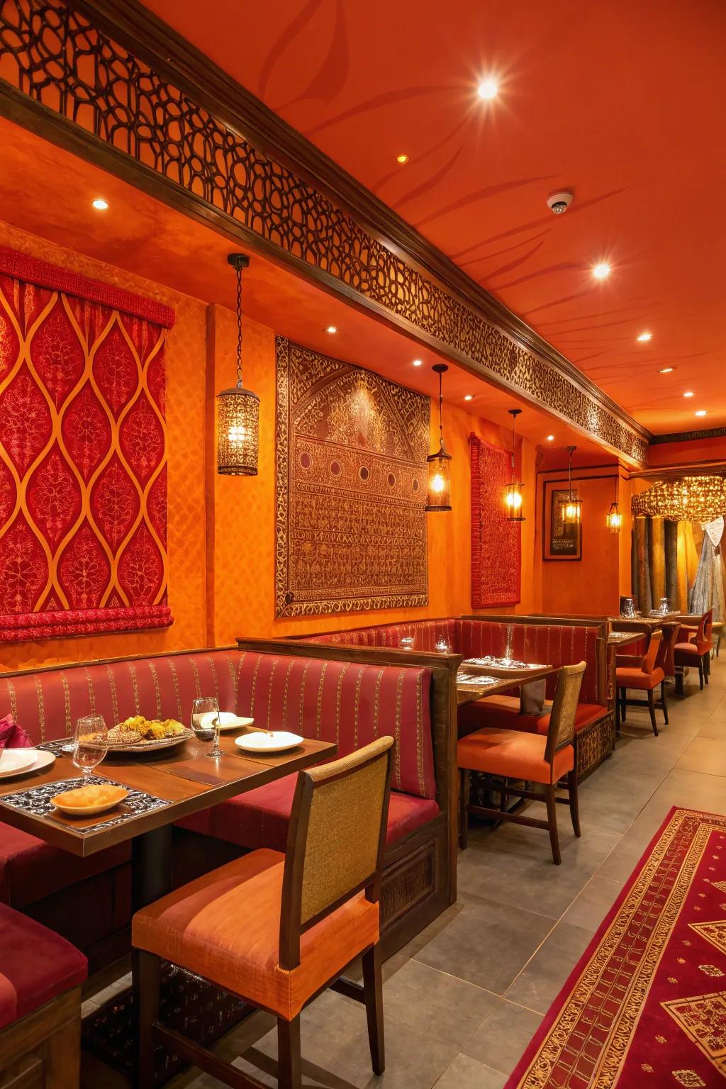 The bold use of orange and red in this Indian restaurant's design.