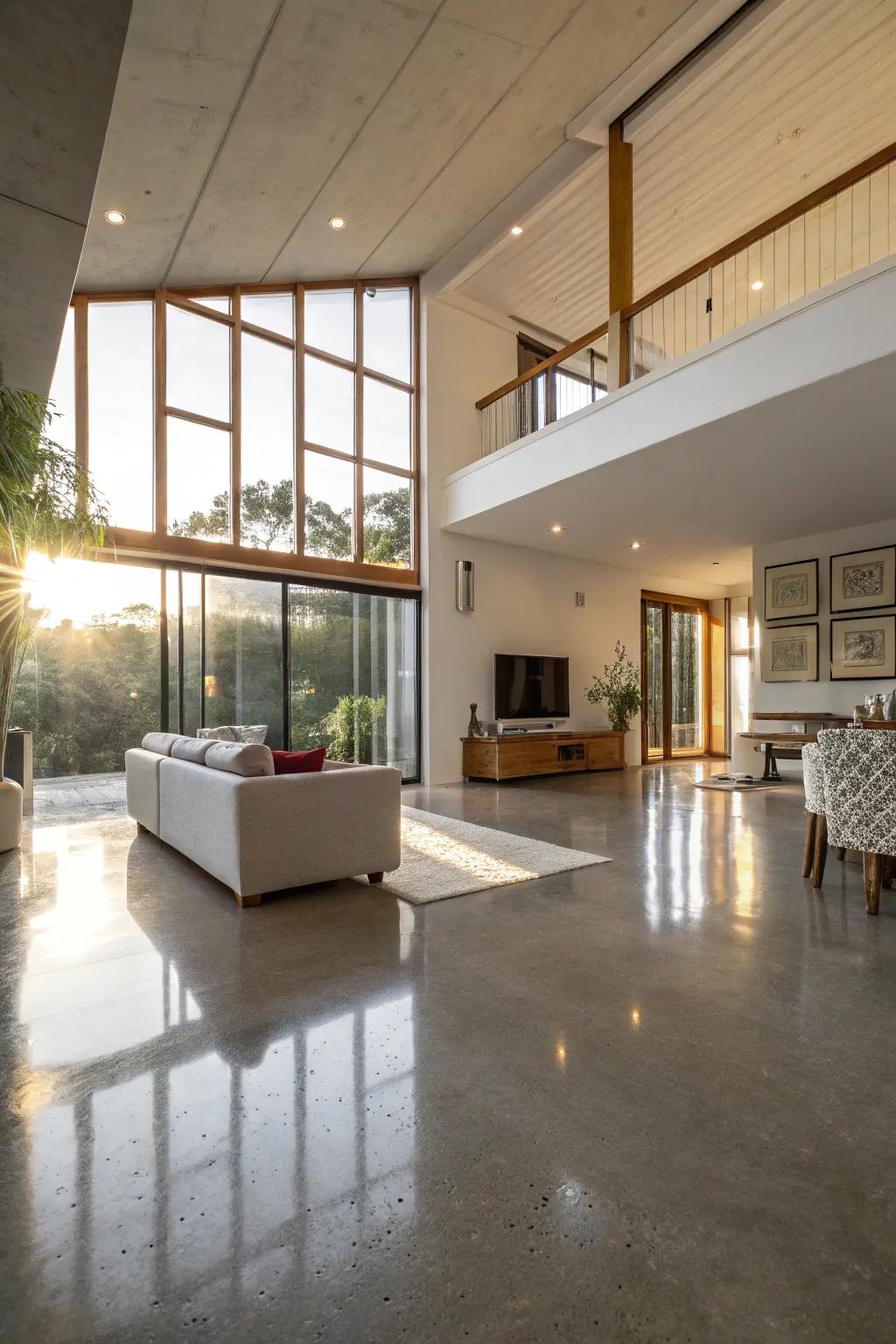 Polished concrete floors can transform a room with their reflective beauty.