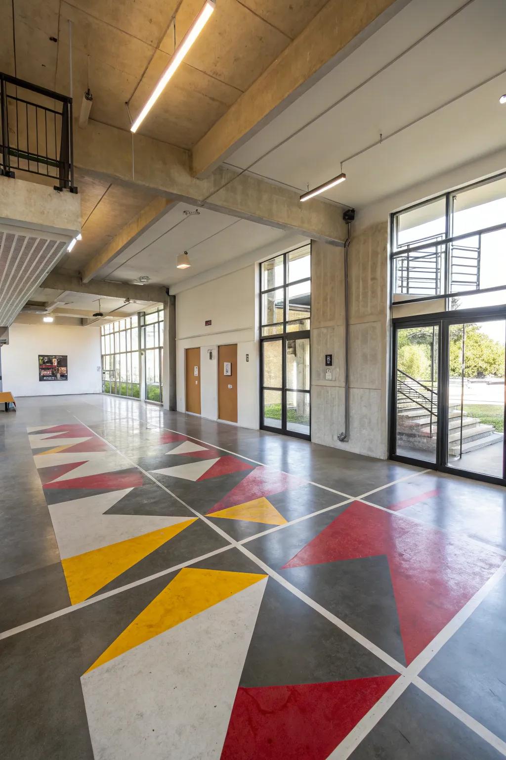 A stunning geometric design graces a concrete floor, infusing the area with modern elegance.