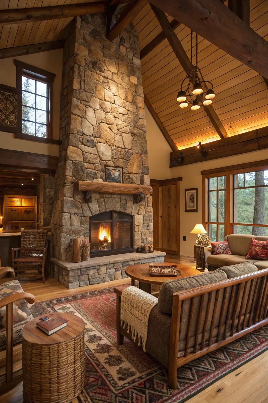 A rustic living area showcasing a majestic stone fireplace as its focal point.