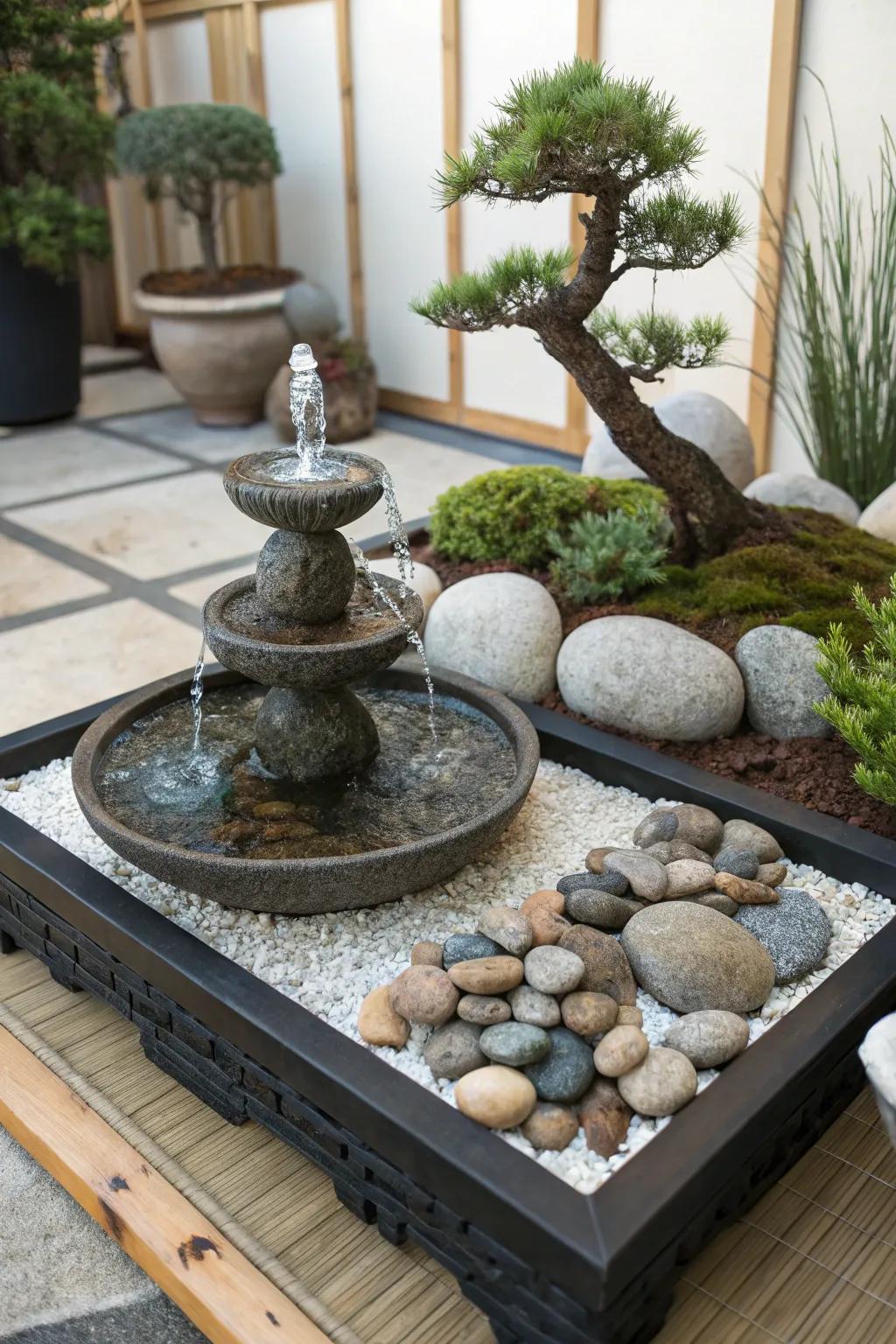 A miniature Zen garden fountain cultivates a serene sanctuary within your residence.