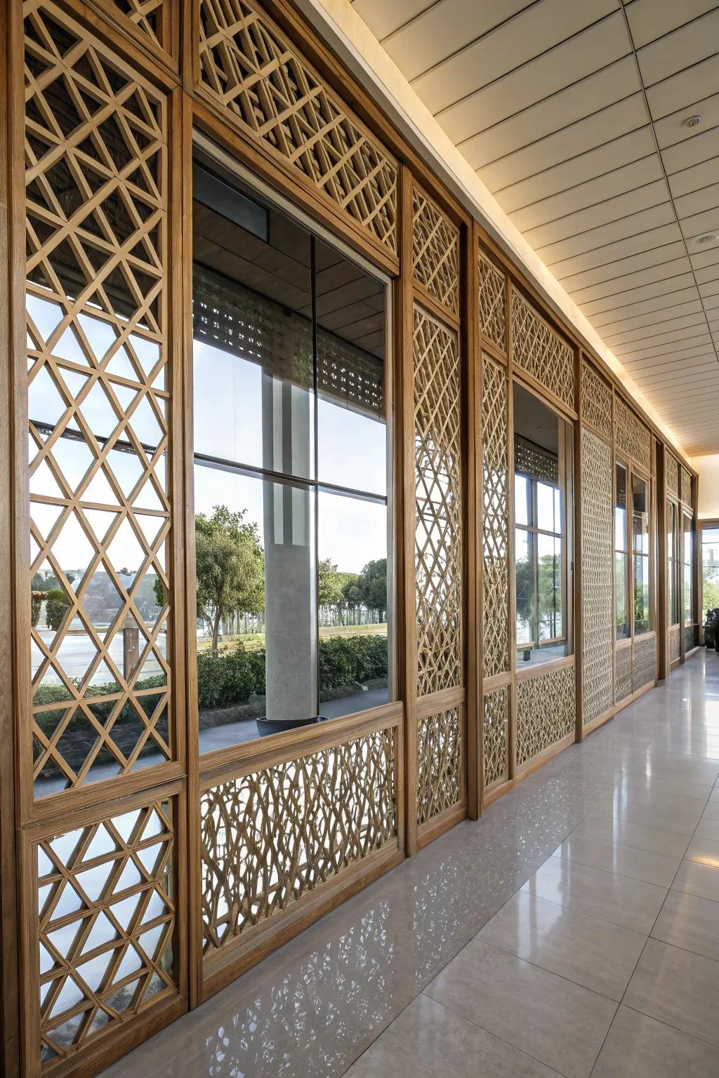 Lattice wall with reflective surfaces, creating an open, luminous feel.