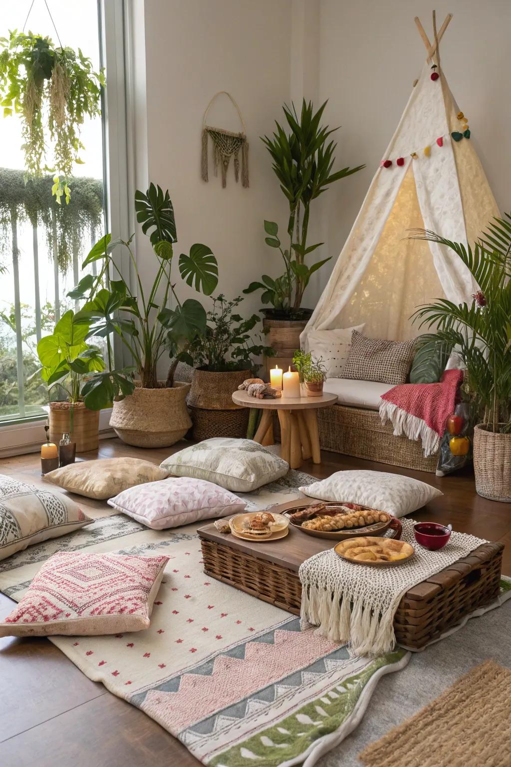Soft blankets and cushions make a warm, inviting indoor picnic place.
