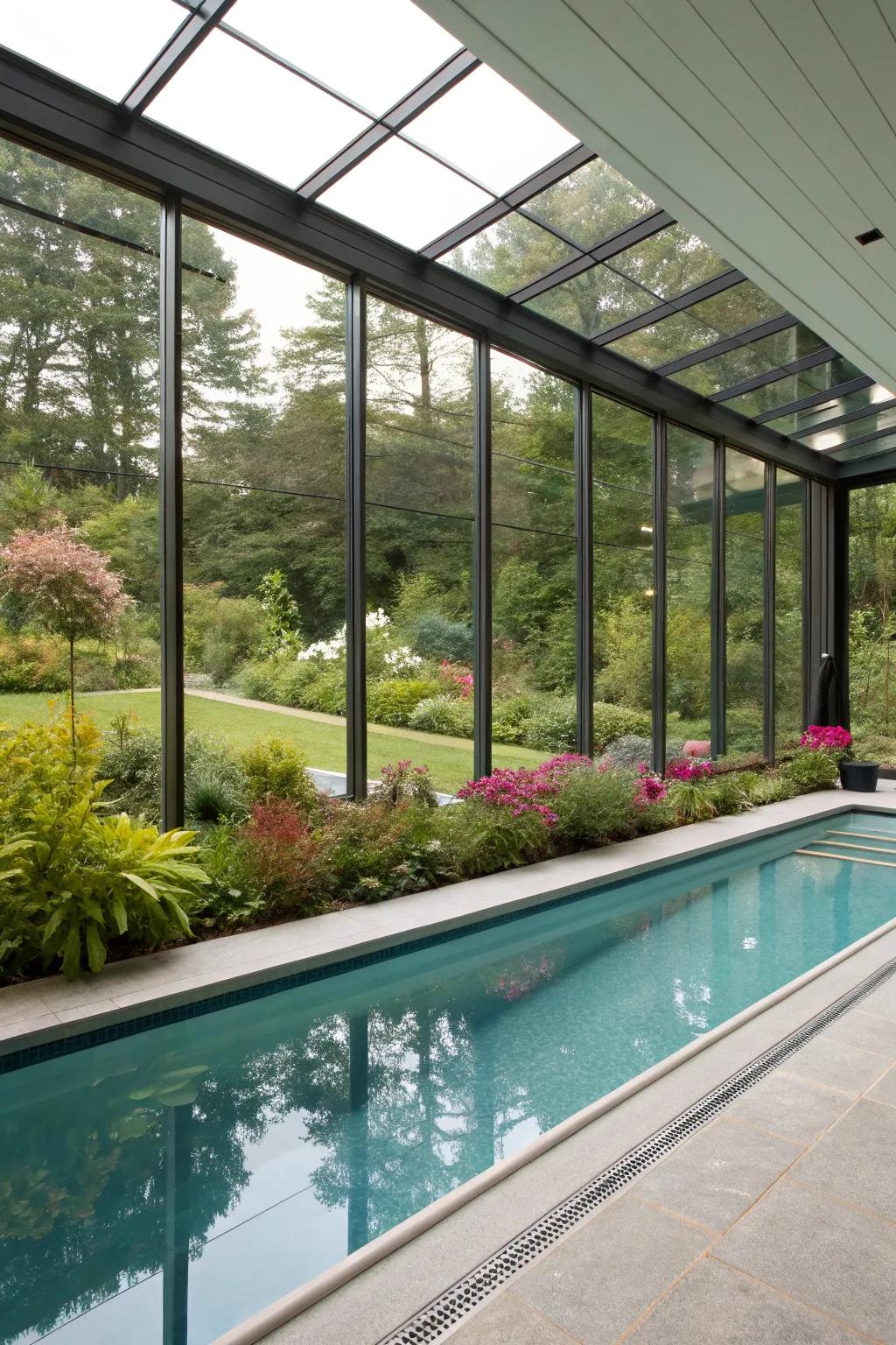 An incredible indoor pool featuring glass walls that unveil a garden view