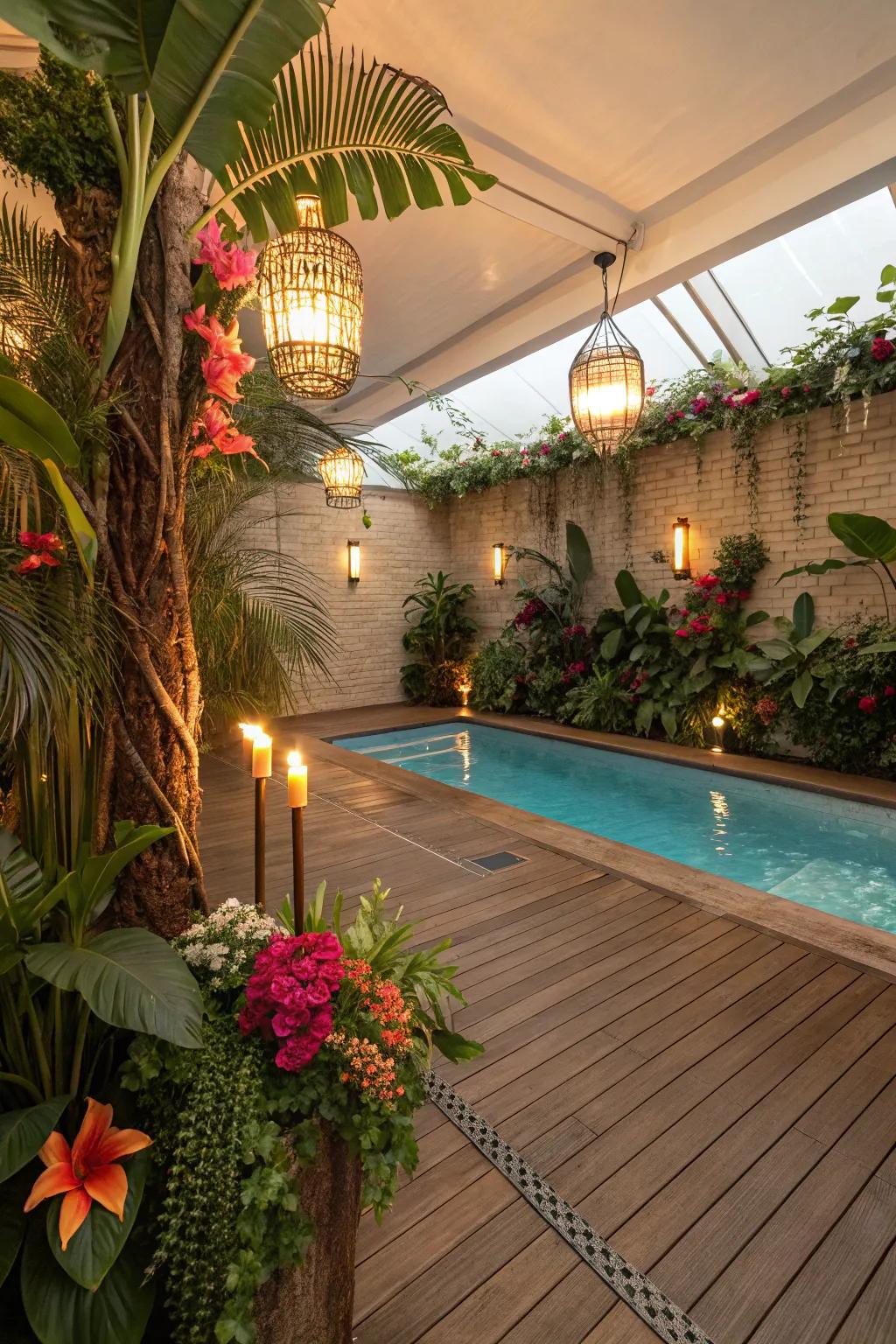Design a tropical escape brimming with abundant greenery and vibrant decor encompassing your indoor pool.