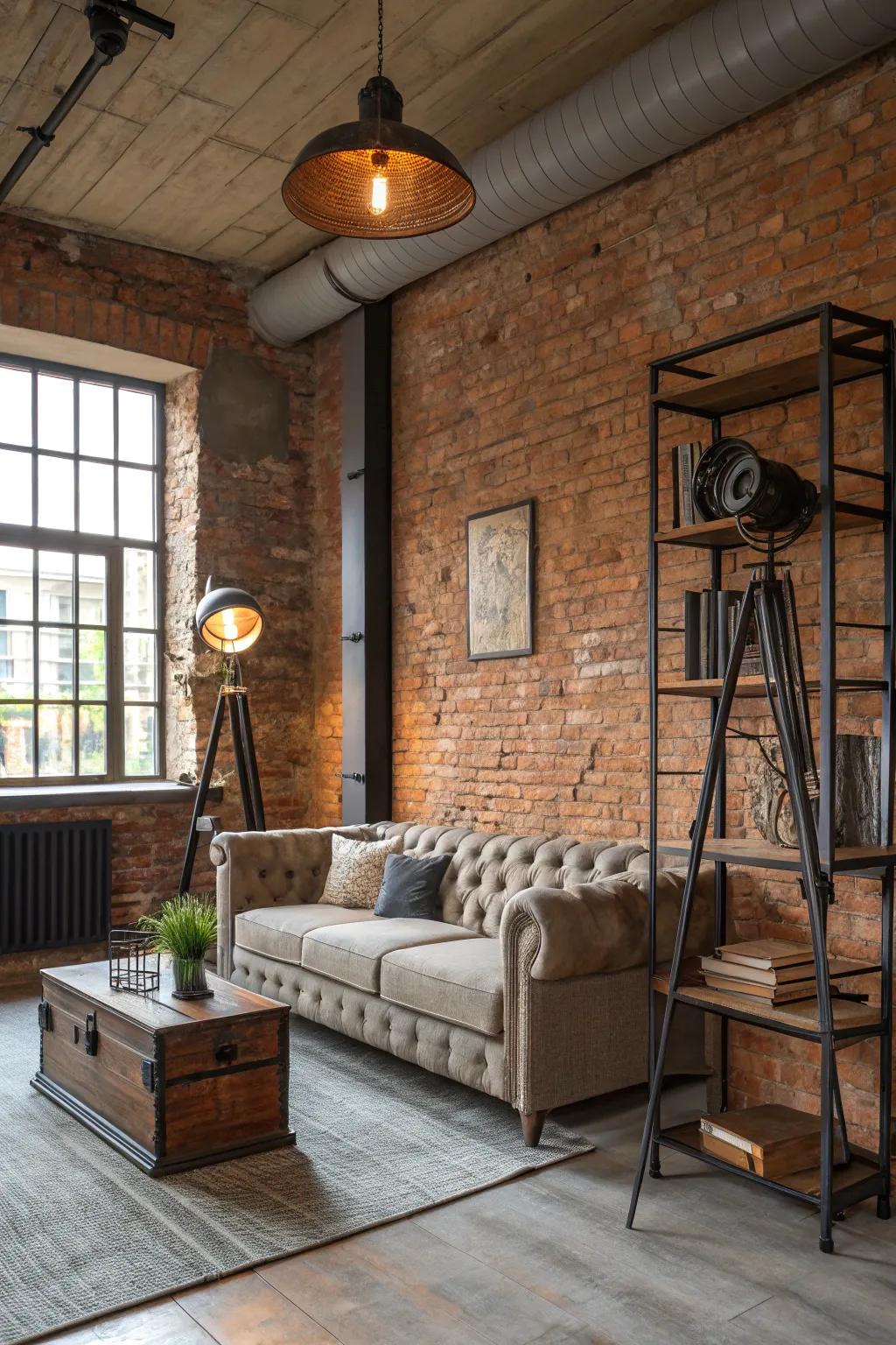 Exposed brick walls bring character to this living room.